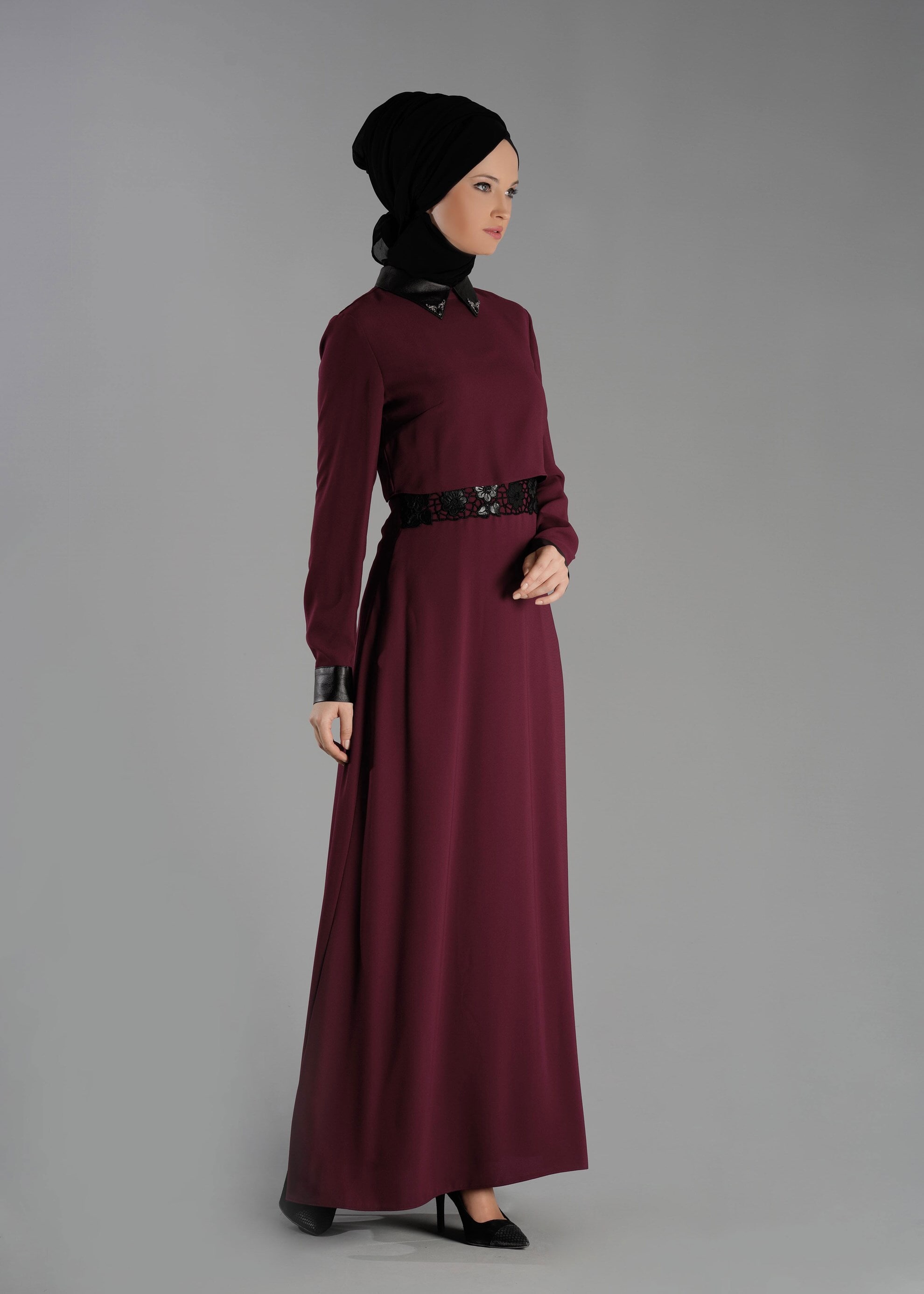 Tesettür giyim BORDO DANTEL DETAYLI ELBİSE 4762 
