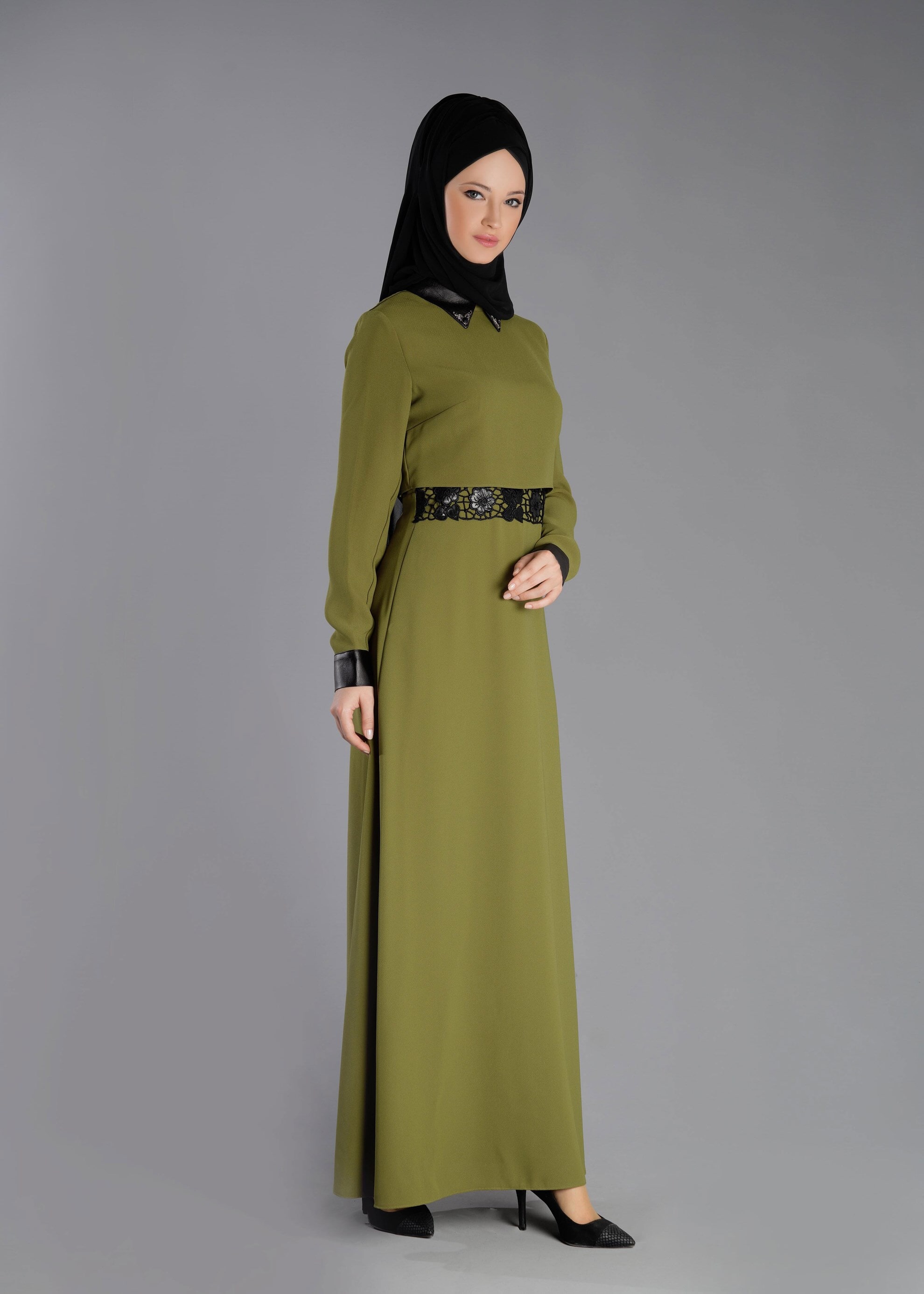 Tesettür giyim YEŞİL DANTEL DETAYLI ELBİSE 4762 