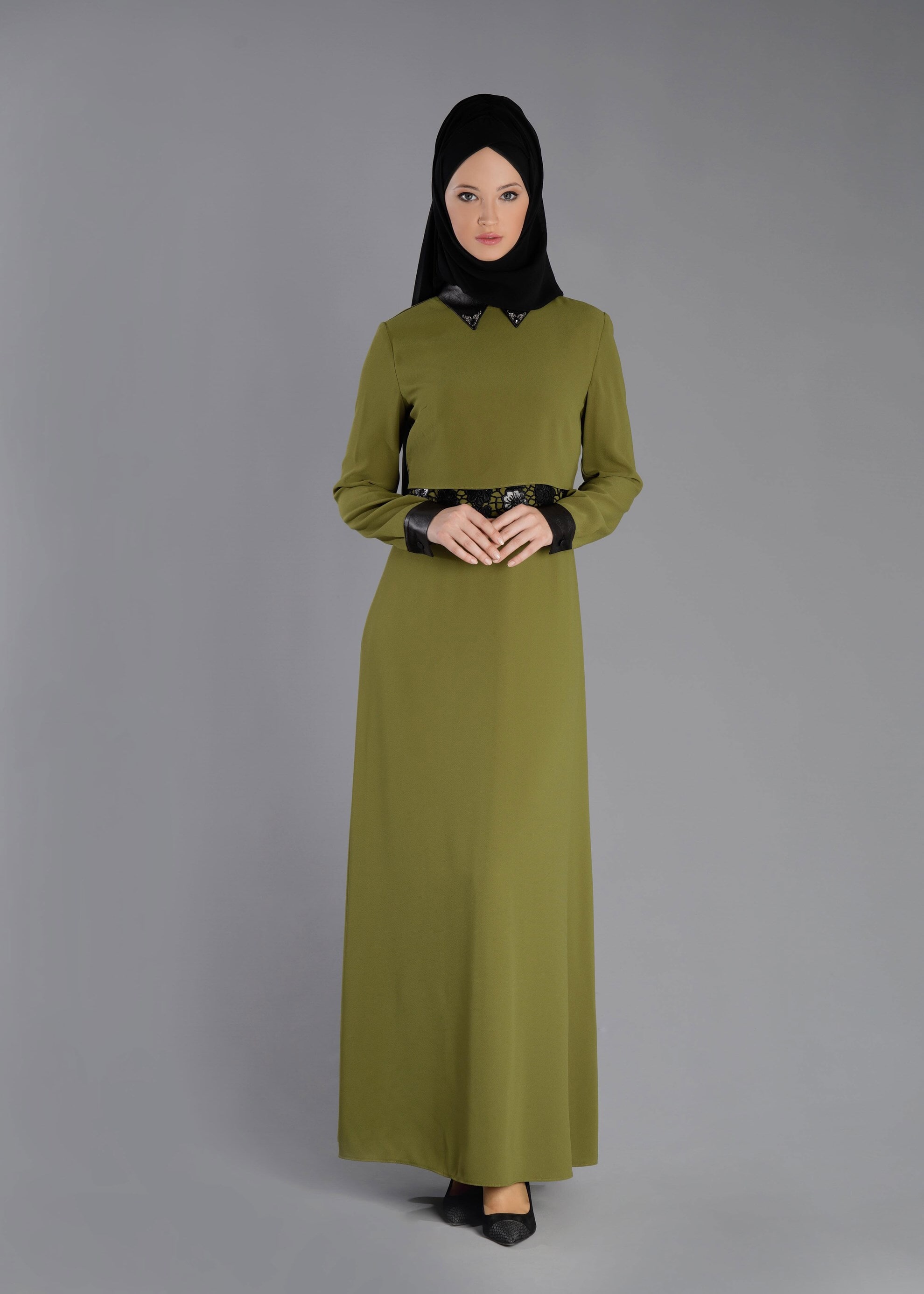 Tesettür giyim YEŞİL DANTEL DETAYLI ELBİSE 4762 