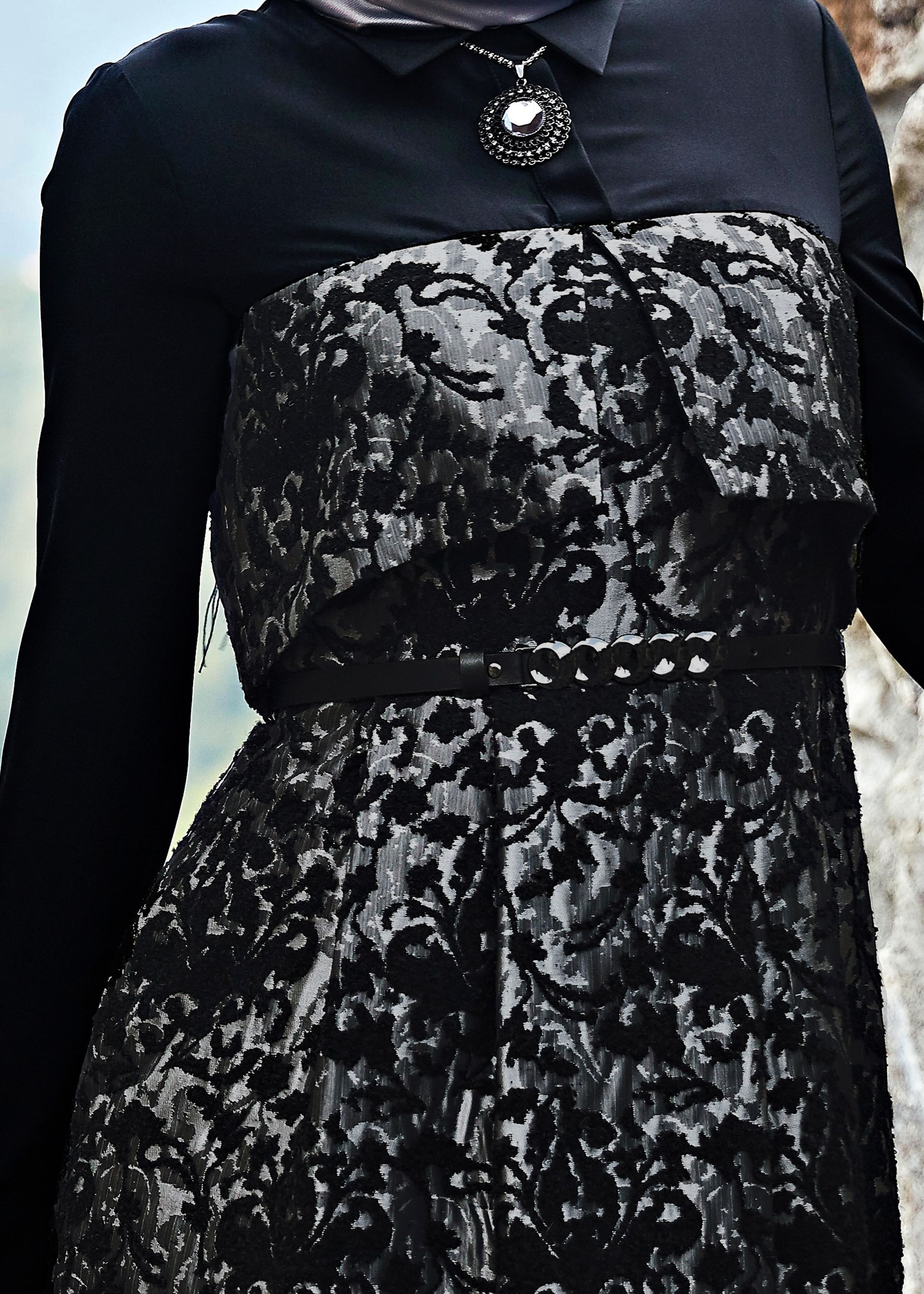 Tesettür giyim GRİ GÜPÜRLÜ ELBİSE 4795 