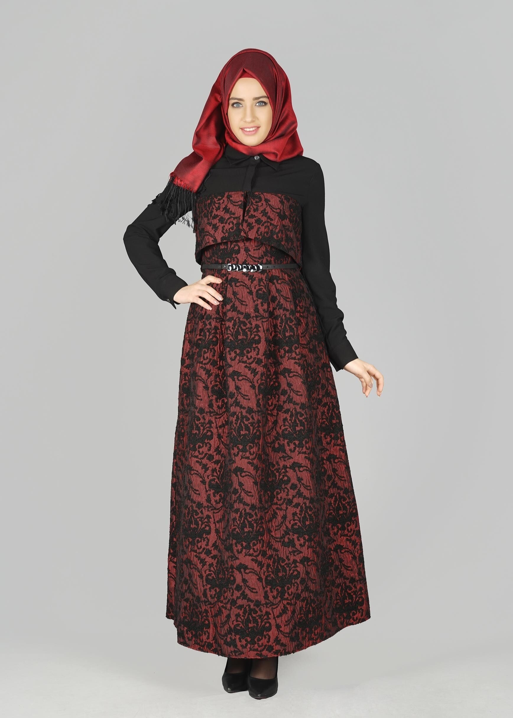 Tesettür giyim BORDO GÜPÜRLÜ ELBİSE 4795 
