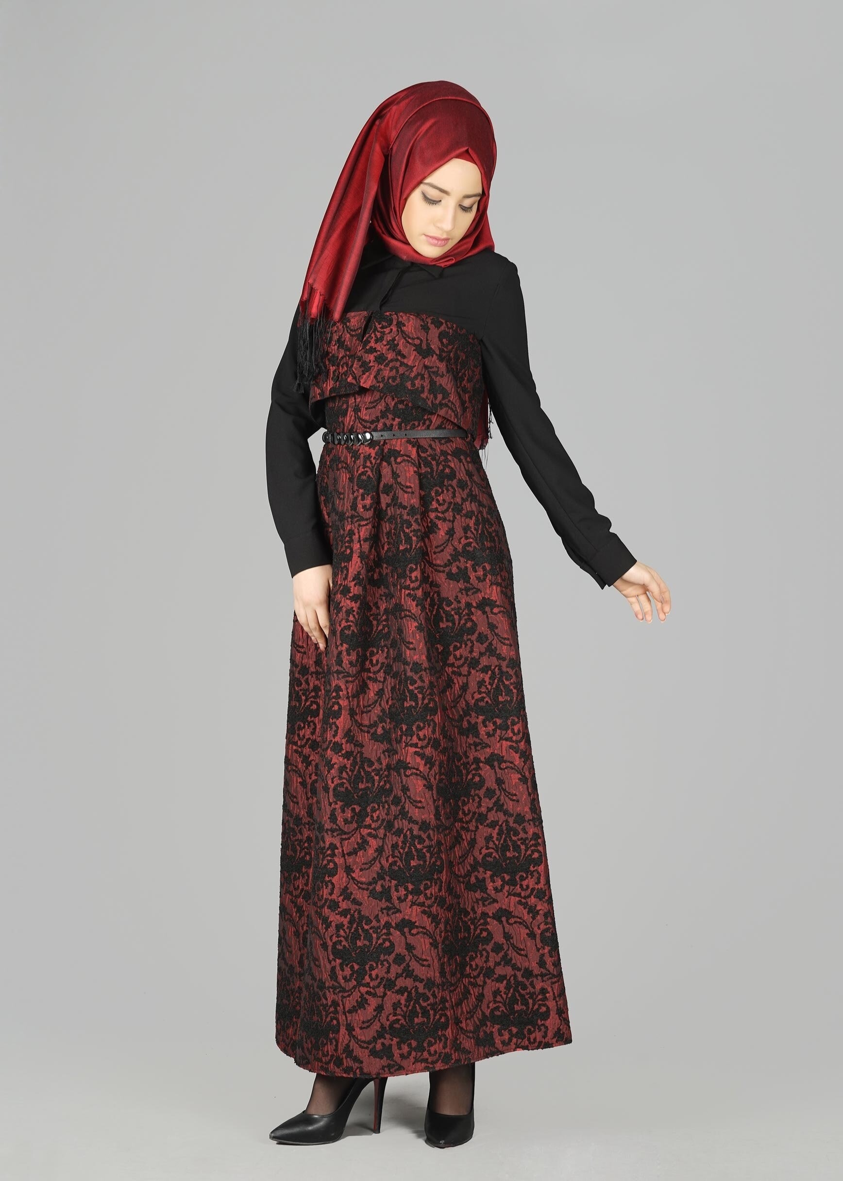 Tesettür giyim BORDO GÜPÜRLÜ ELBİSE 4795 