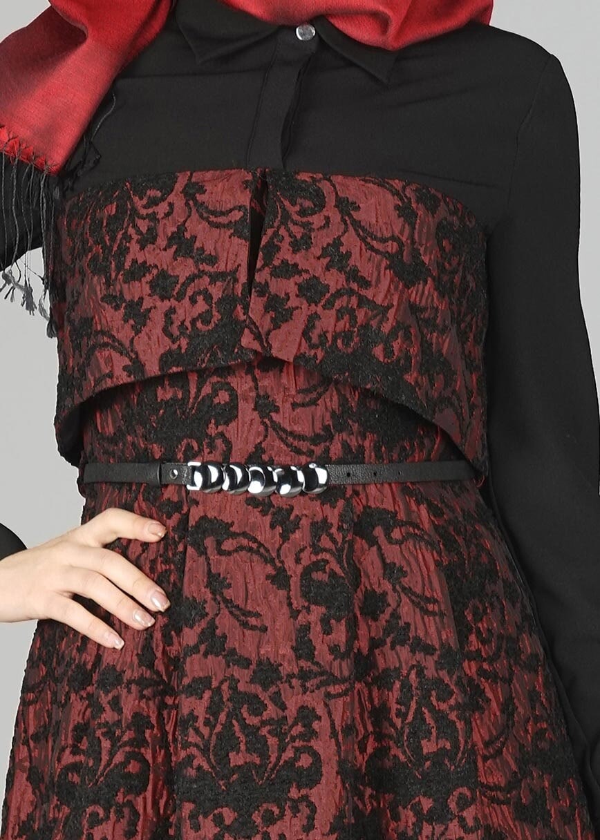 Tesettür giyim BORDO GÜPÜRLÜ ELBİSE 4795 