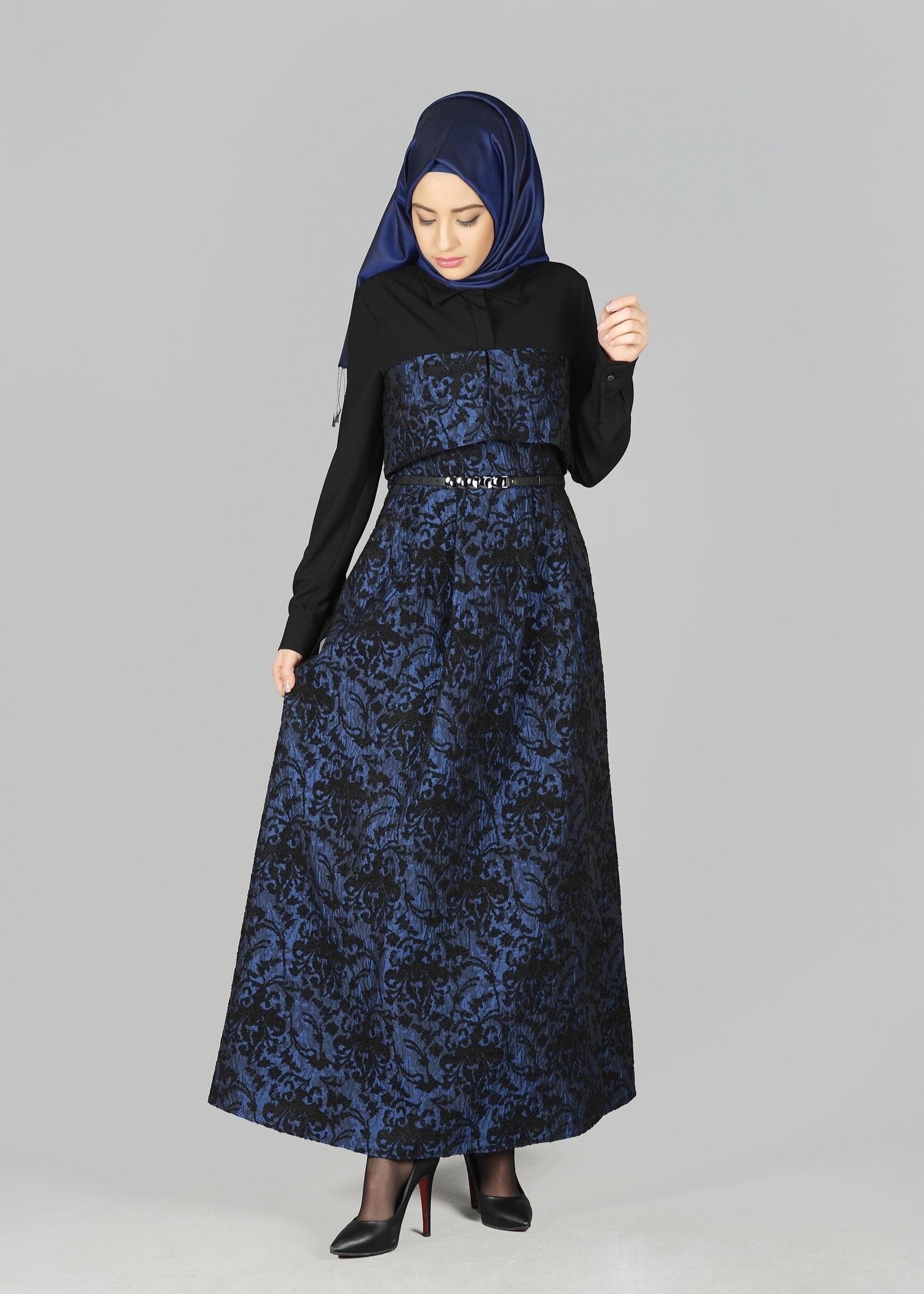 Tesettür giyim LACİVERT GÜPÜRLÜ ELBİSE 4795 