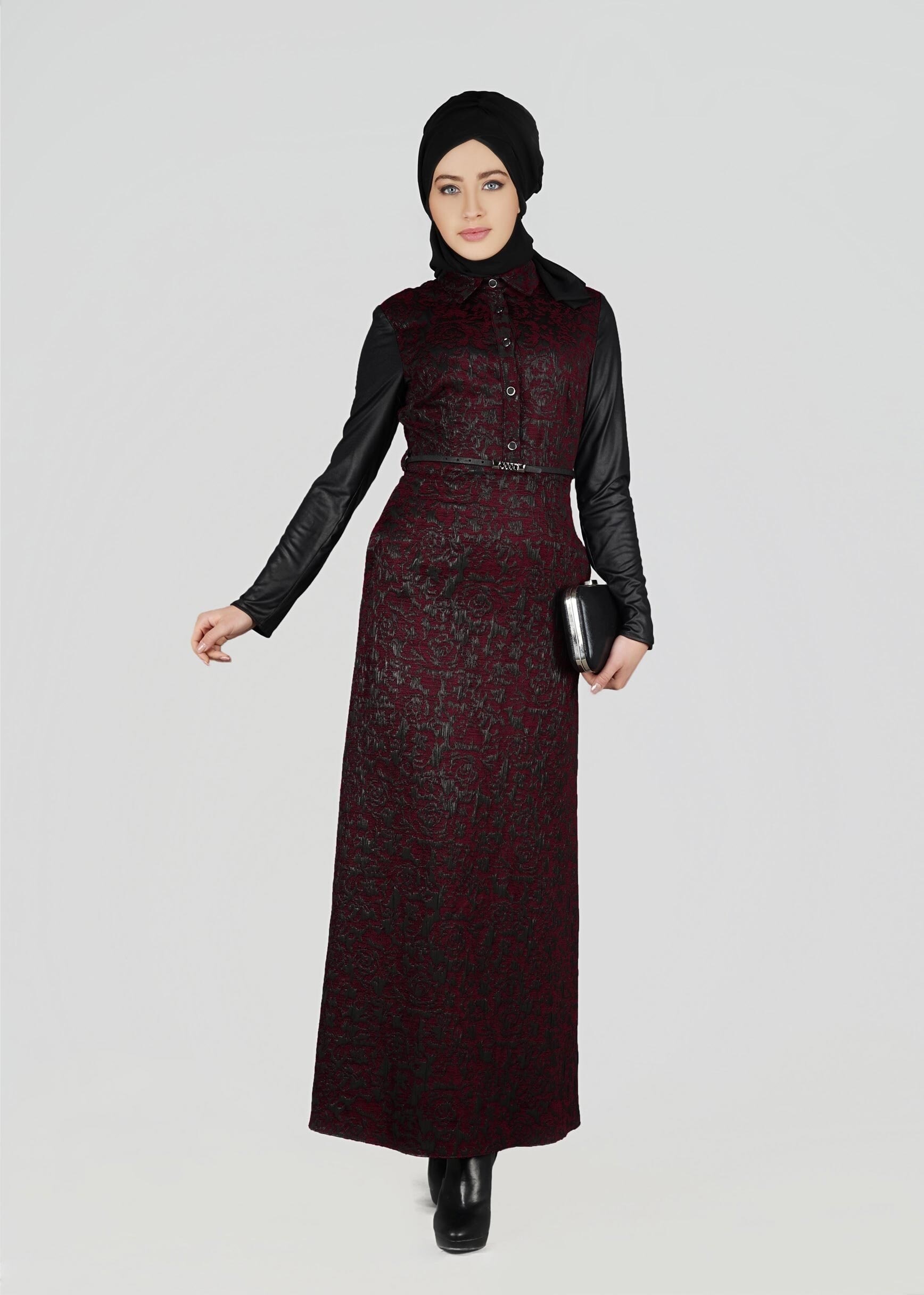 Tesettür giyim BORDO DESENLİ ELBİSE 4796 