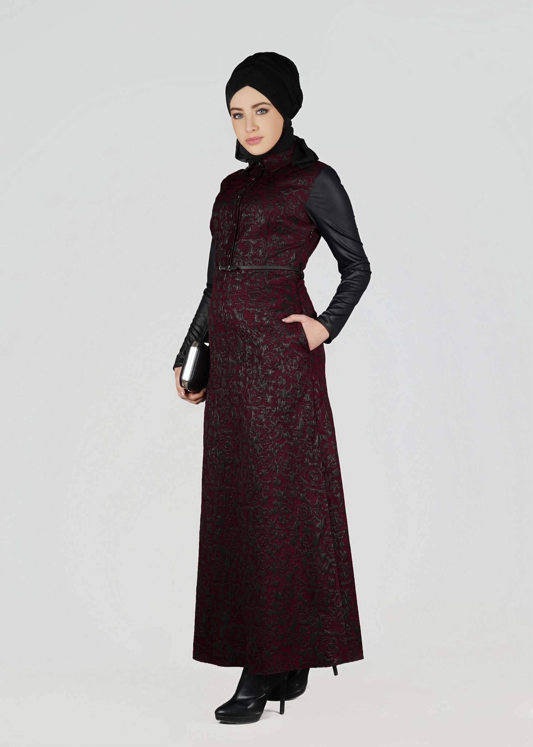 Tesettür giyim BORDO DESENLİ ELBİSE 4796 