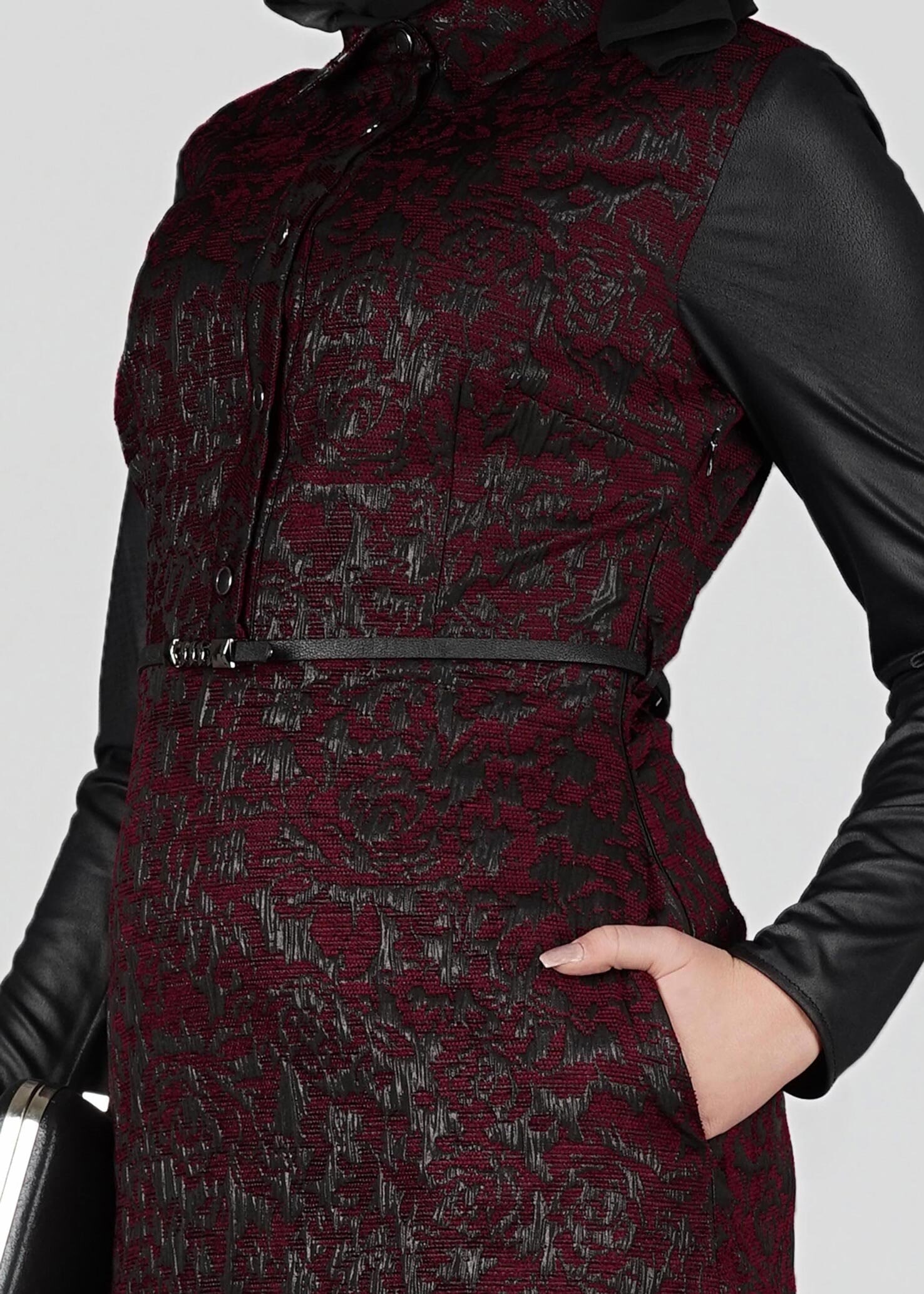 Tesettür giyim BORDO DESENLİ ELBİSE 4796 