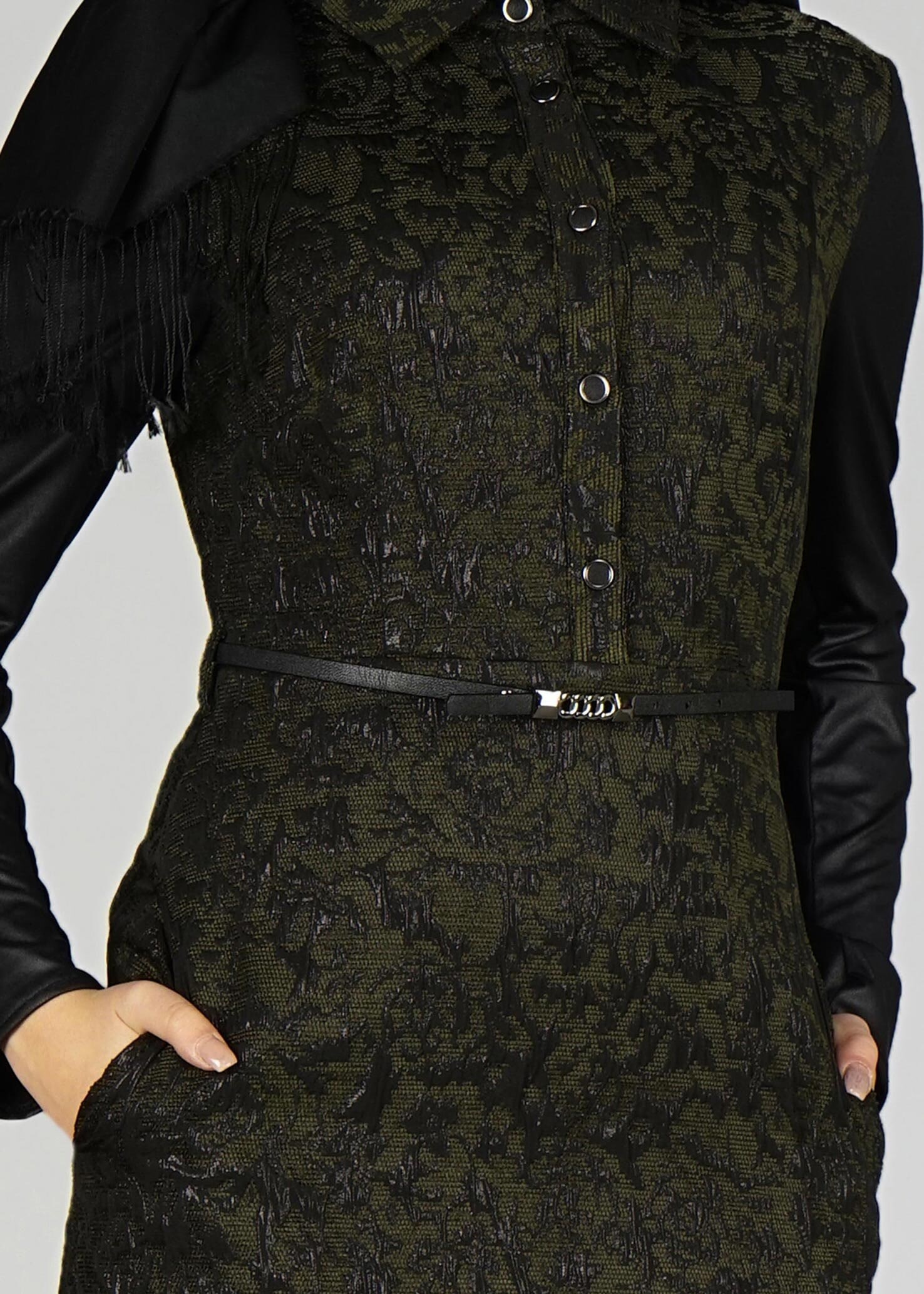 Tesettür giyim HAKİ DESENLİ ELBİSE 4796 