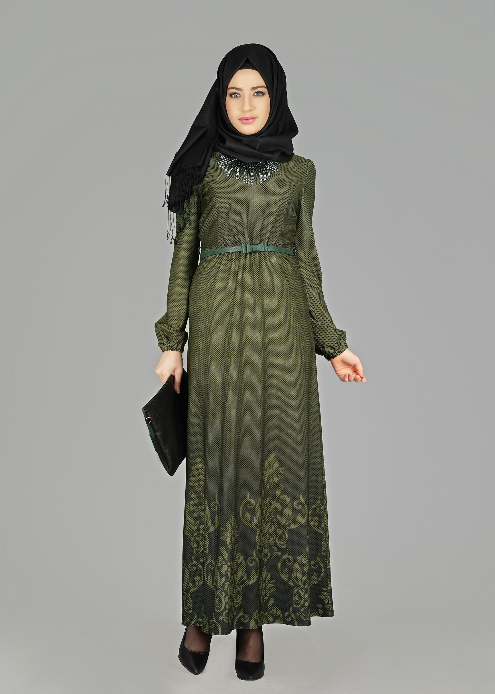 Tesettür giyim HAKİ DESENLİ ELBİSE 4848 