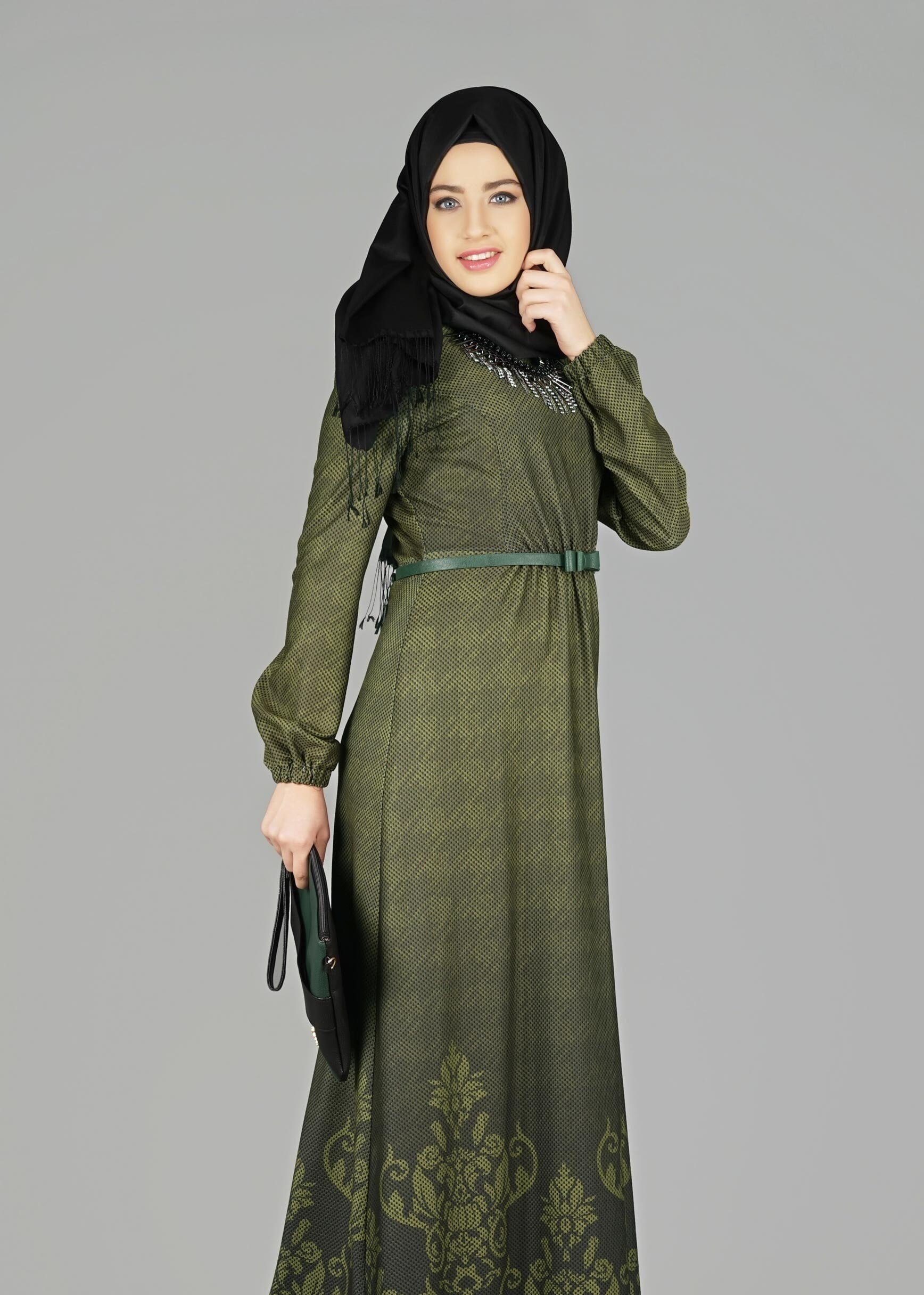 Tesettür giyim HAKİ DESENLİ ELBİSE 4848 