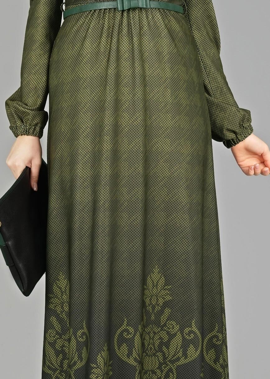 Tesettür giyim HAKİ DESENLİ ELBİSE 4848 