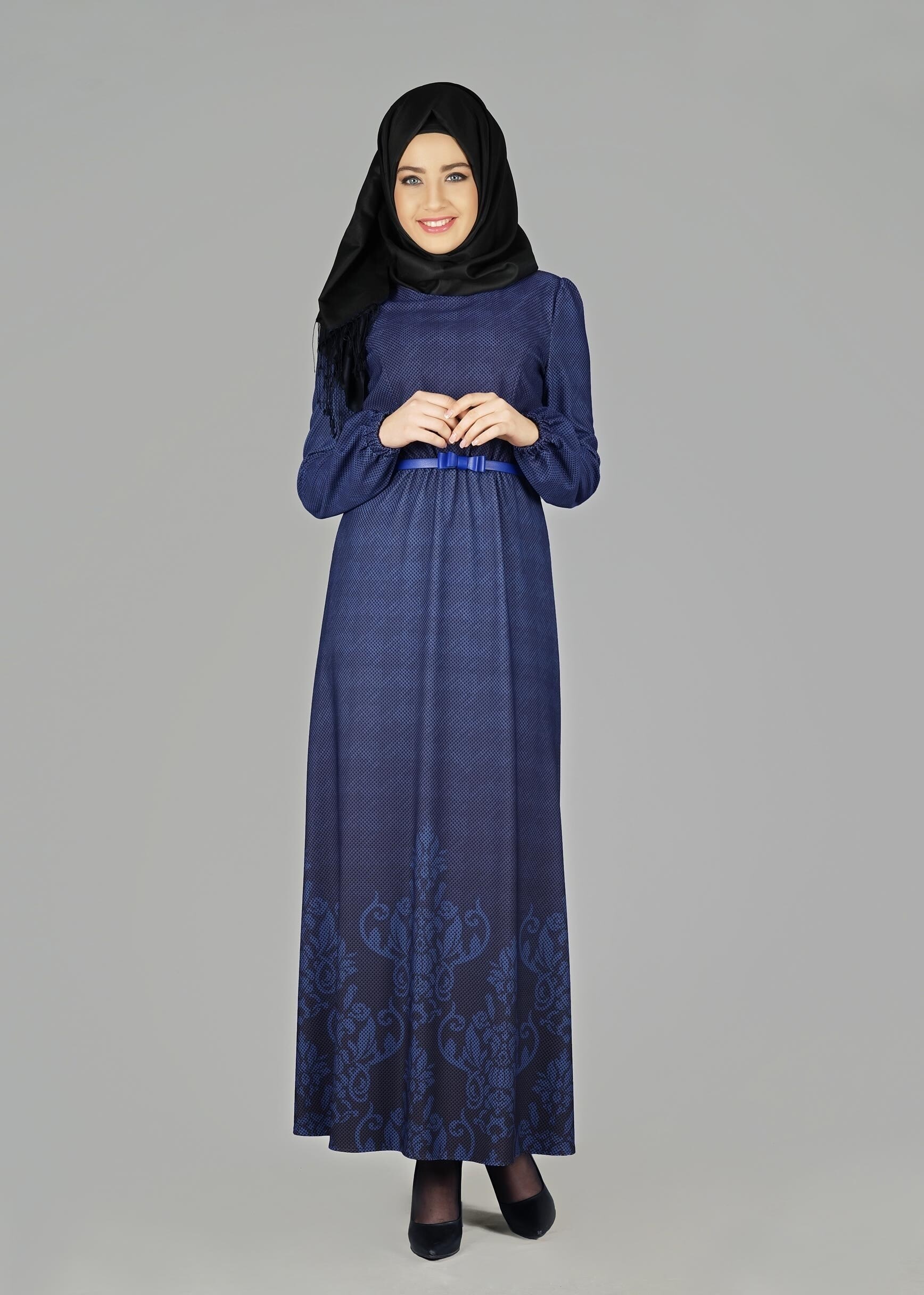 Tesettür giyim LACİVERT DESENLİ ELBİSE 4848 