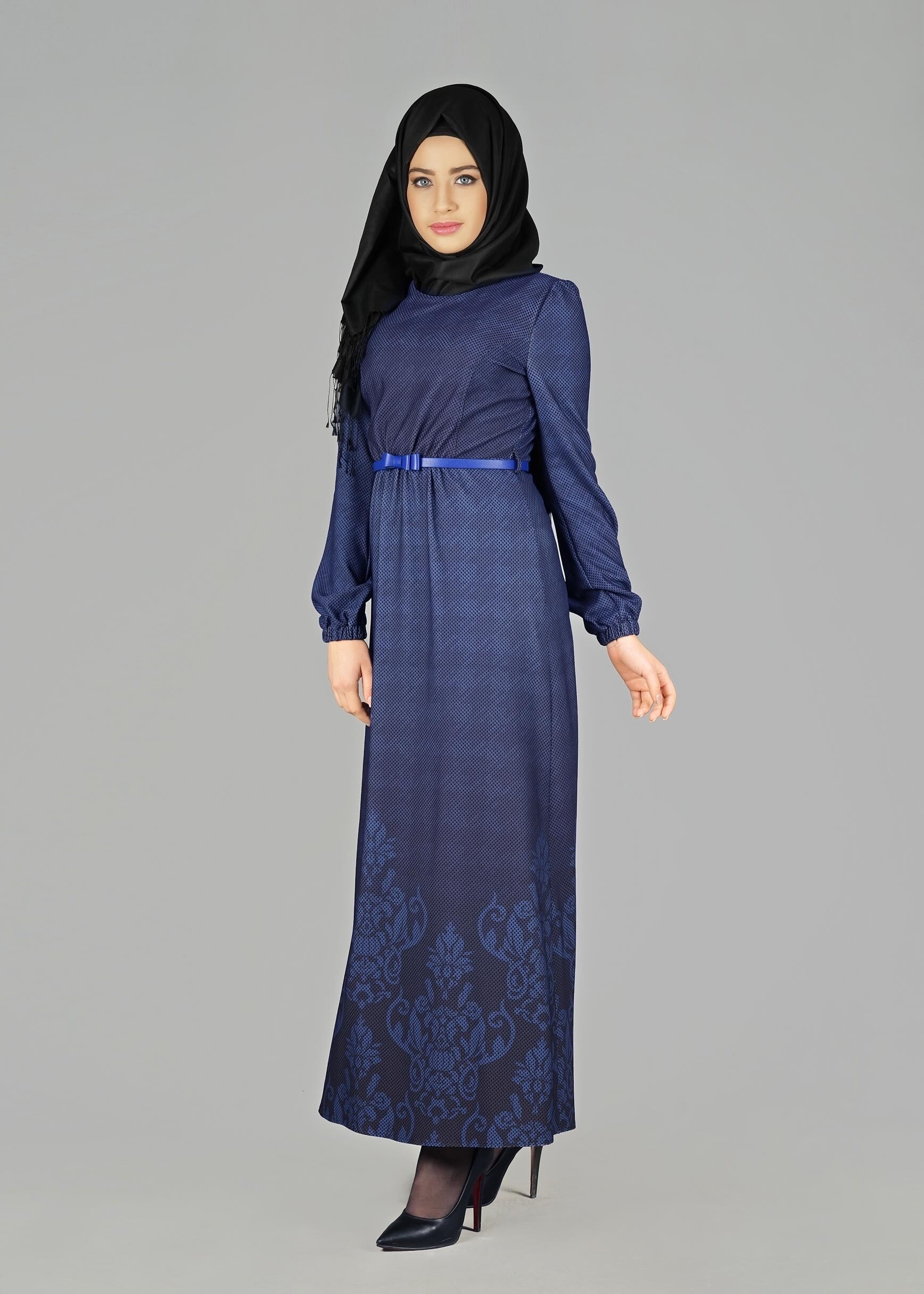 Tesettür giyim LACİVERT DESENLİ ELBİSE 4848 