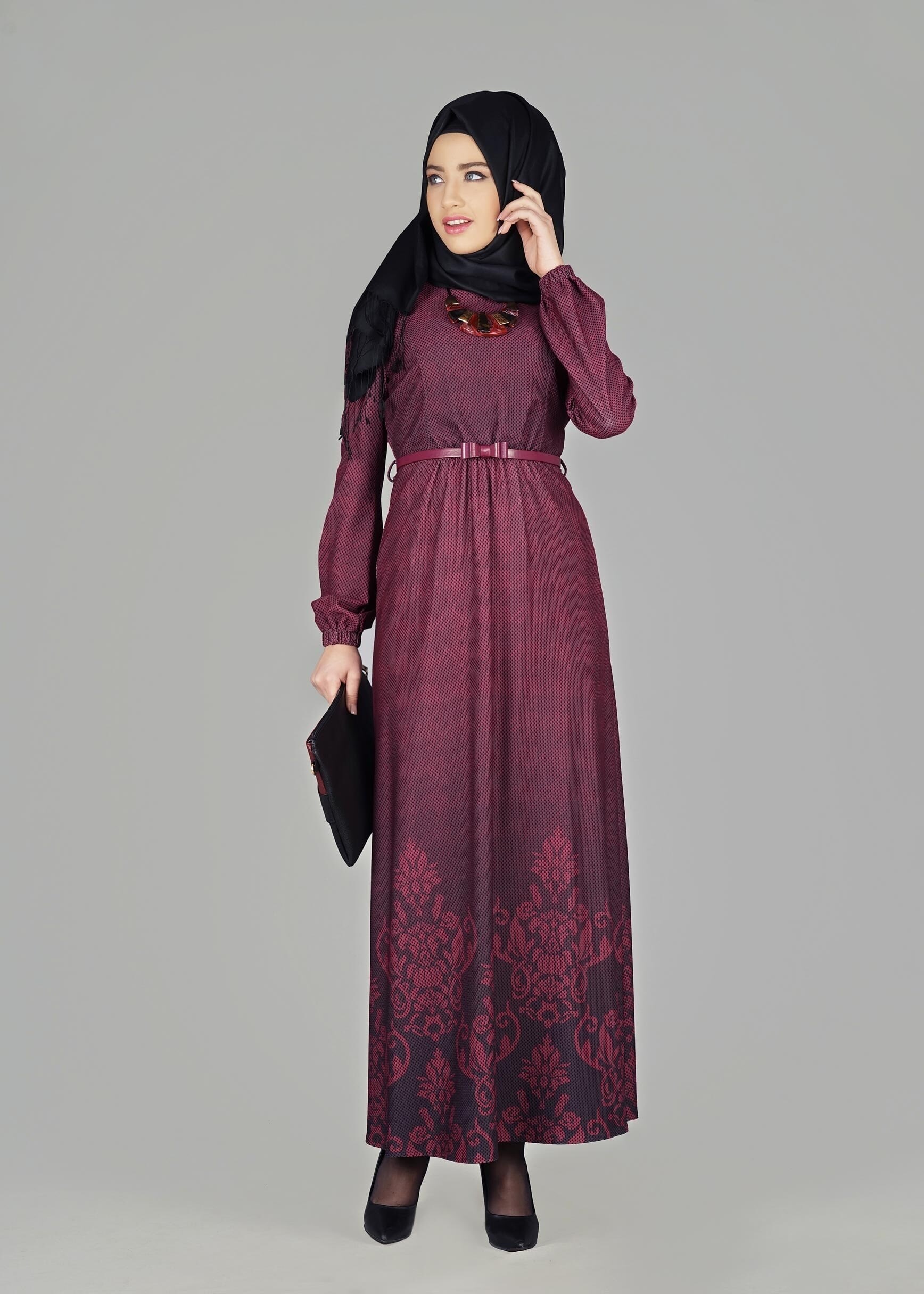Tesettür giyim MÜRDÜM DESENLİ ELBİSE 4848 