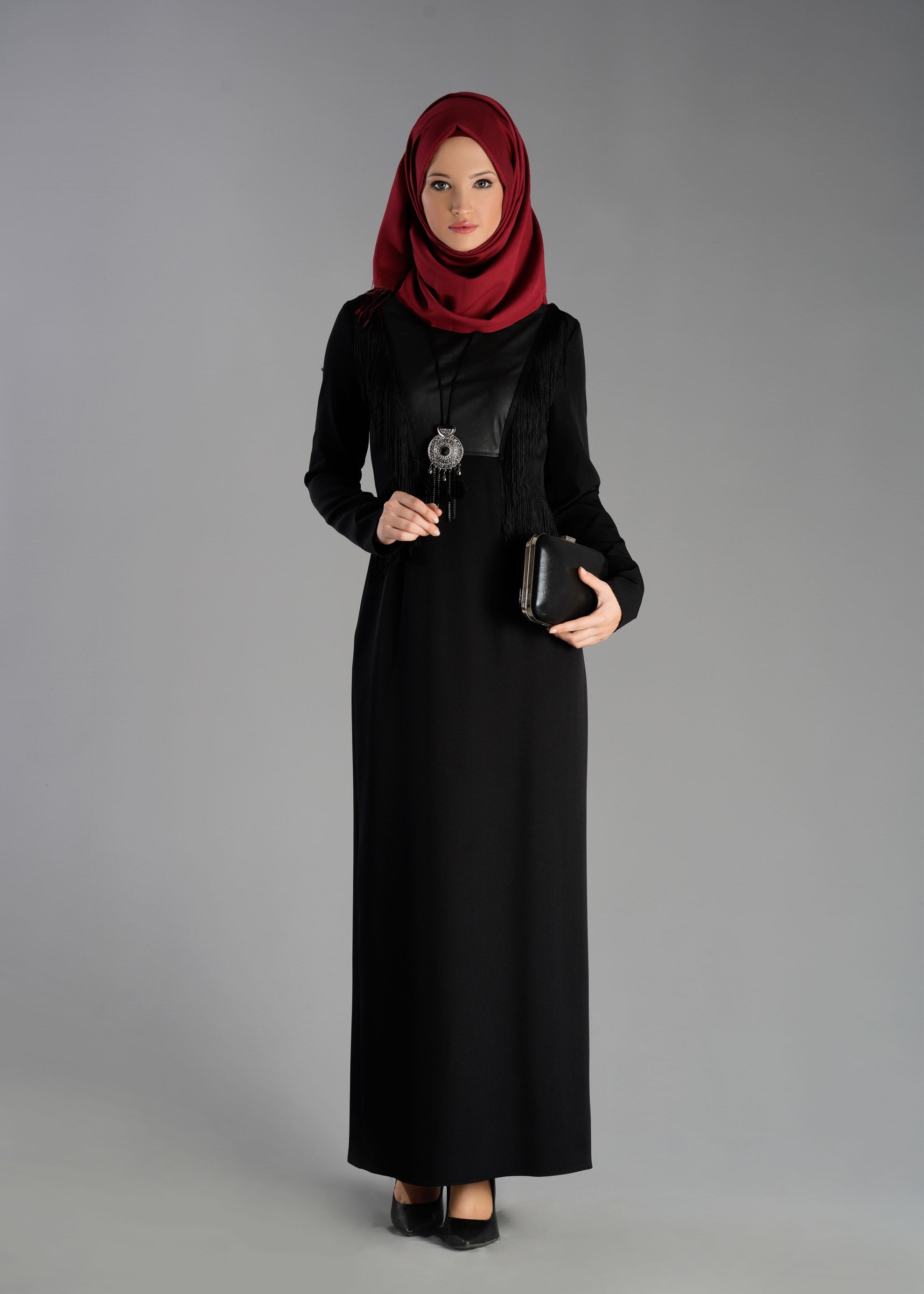 Tesettür giyim SİYAH PÜSKÜLLÜ ELBİSE 4849 