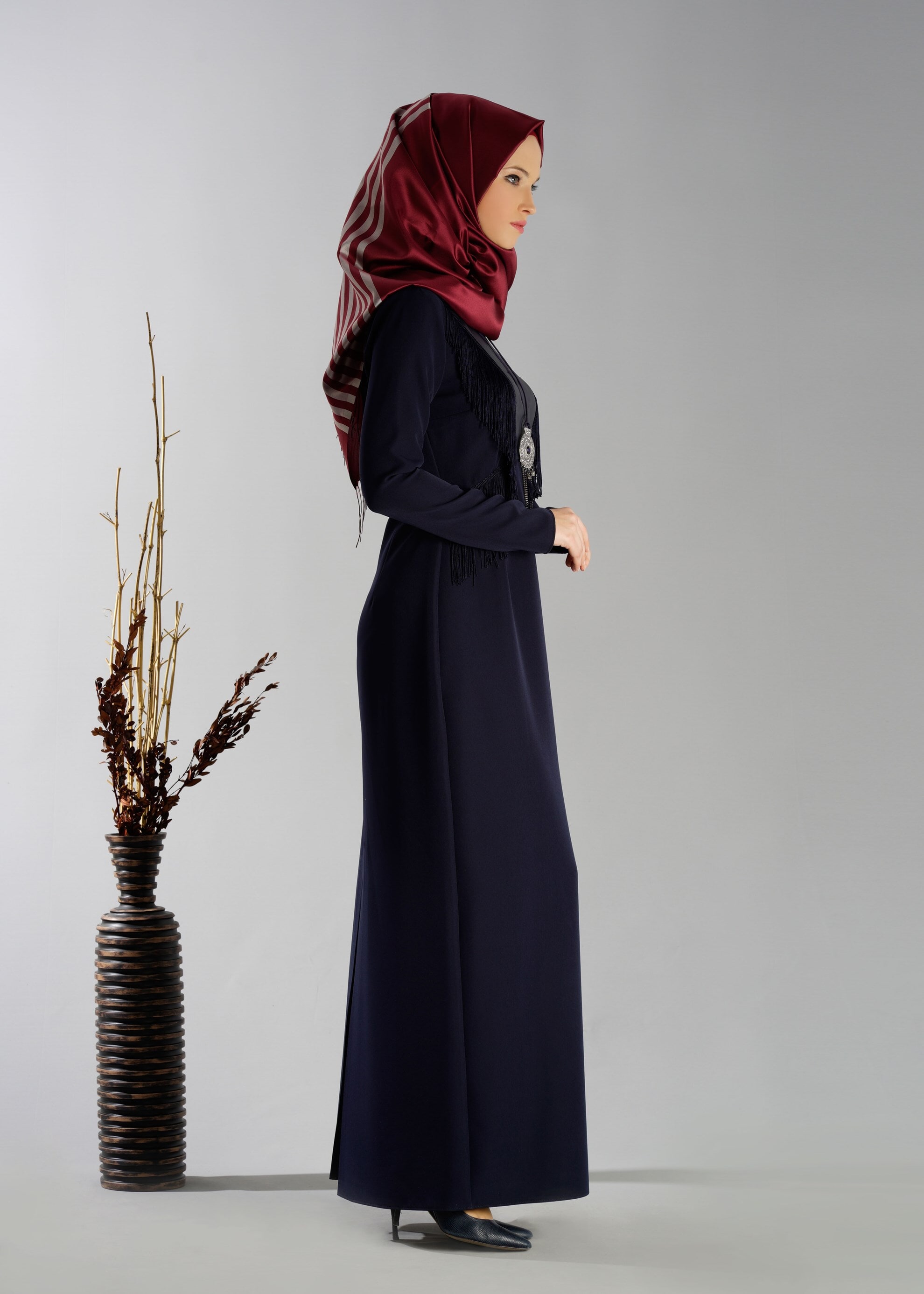 Tesettür giyim LACİVERT PÜSKÜLLÜ ELBİSE 4849 