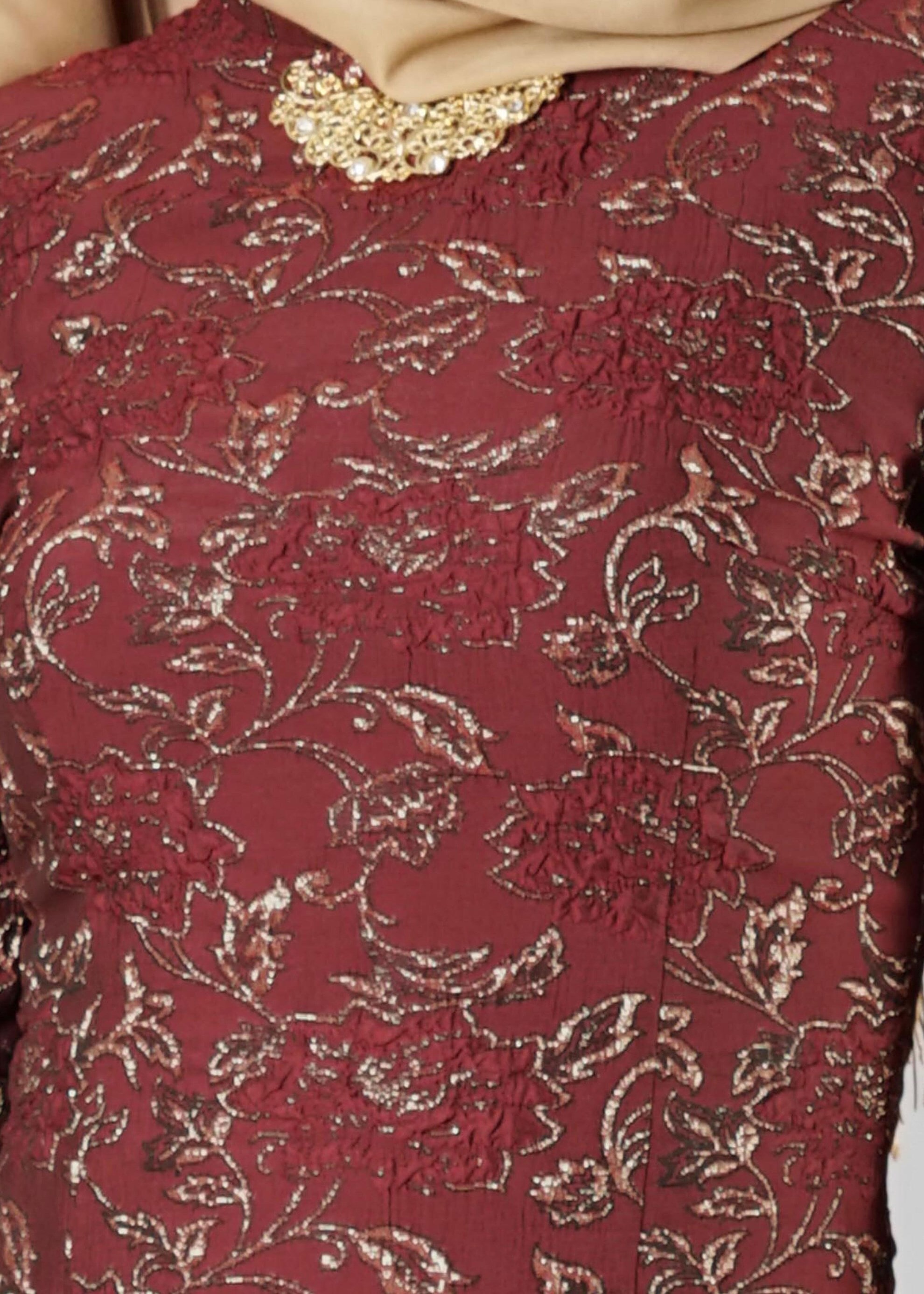 Tesettür giyim BORDO DESENLİ ELBİSE 4879 