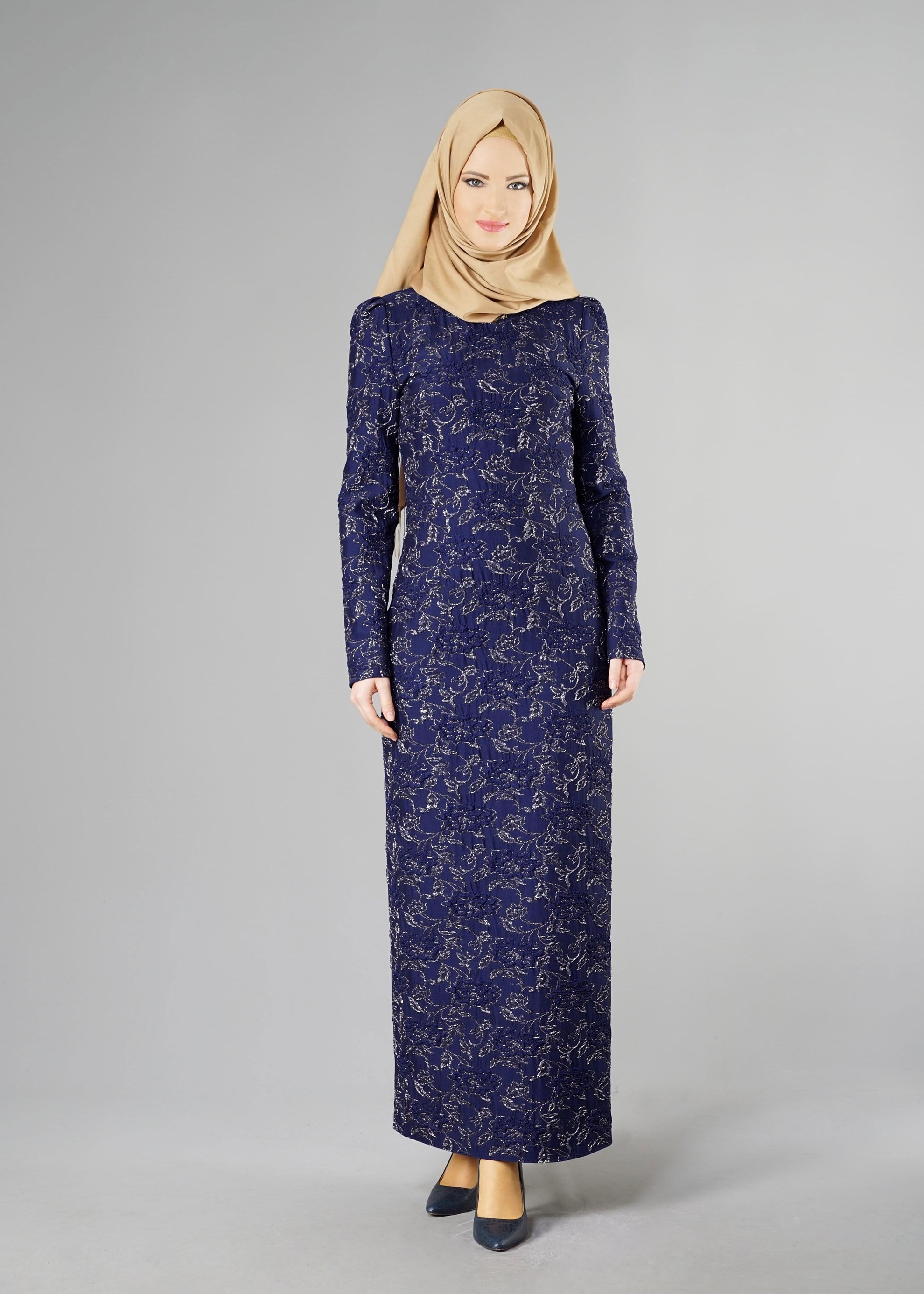 Tesettür giyim LACİVERT DESENLİ ELBİSE 4879 