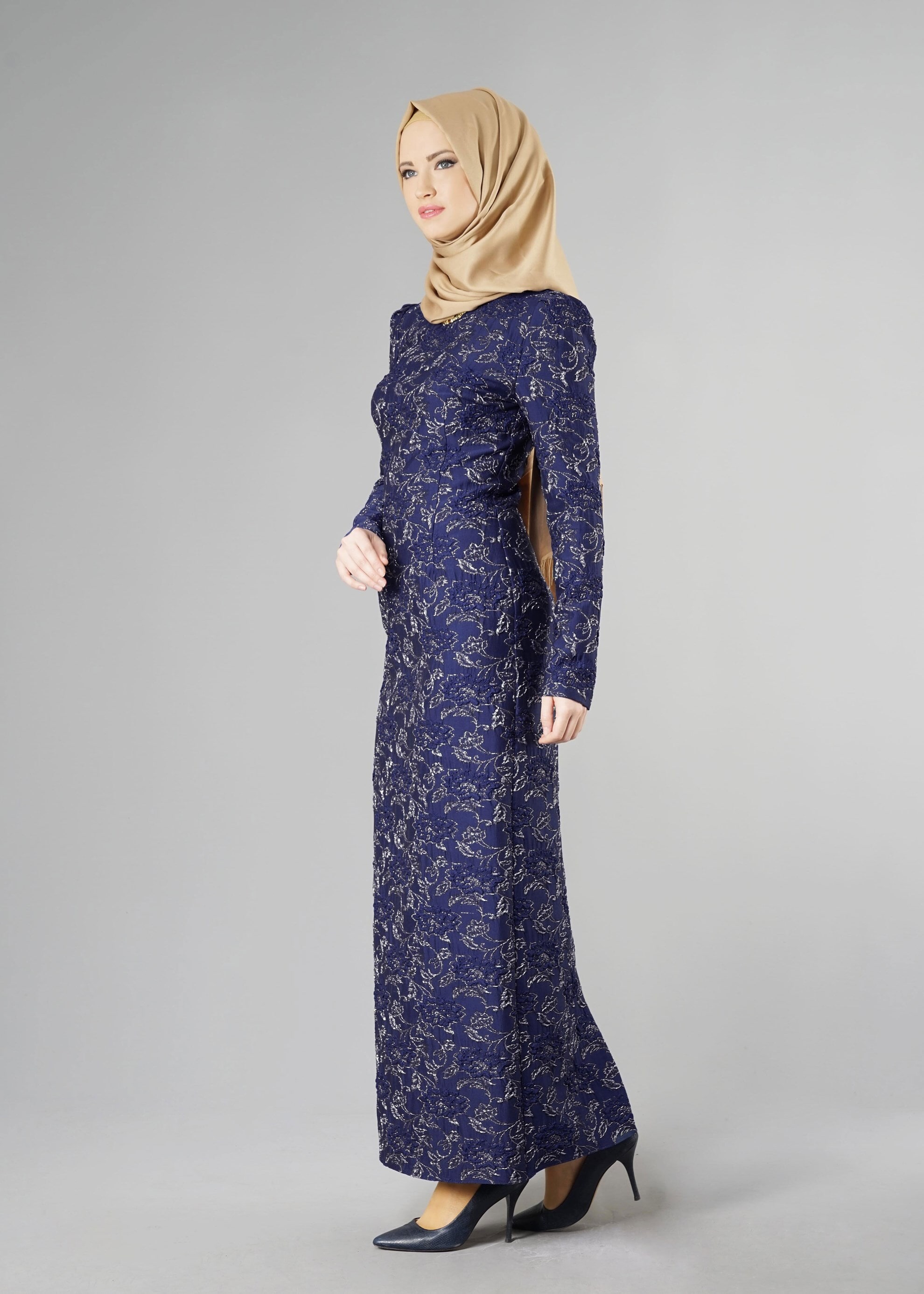 Tesettür giyim LACİVERT DESENLİ ELBİSE 4879 