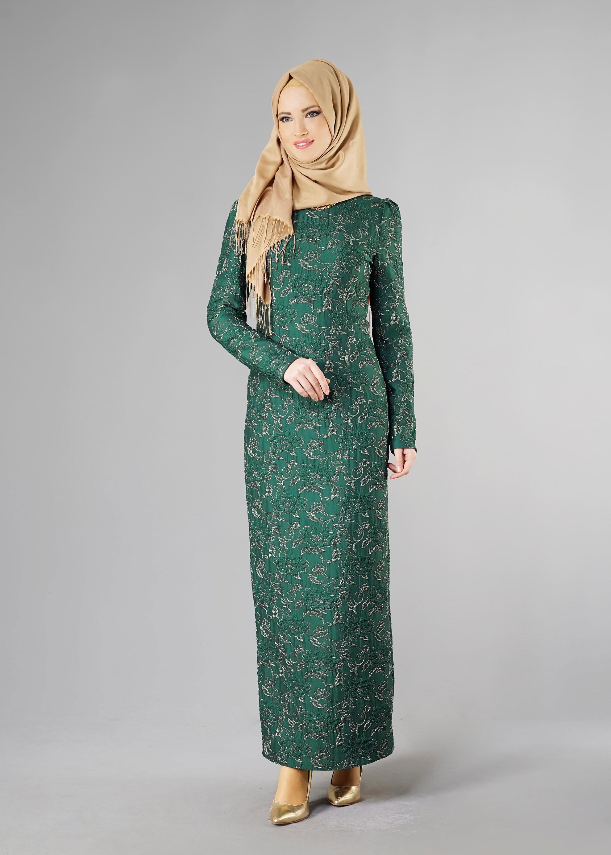 Tesettür giyim YEŞİL DESENLİ ELBİSE 4879 