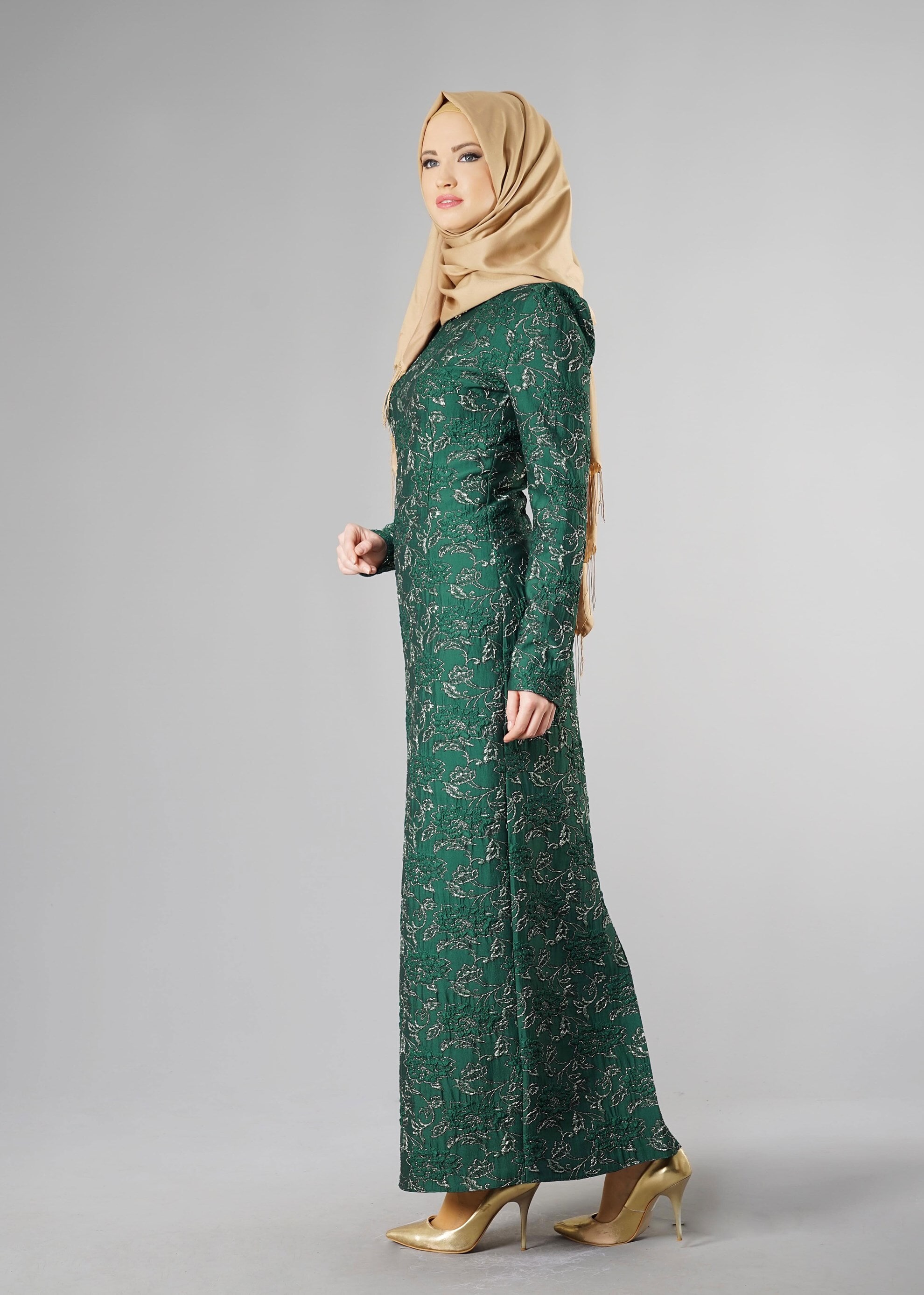 Tesettür giyim YEŞİL DESENLİ ELBİSE 4879 