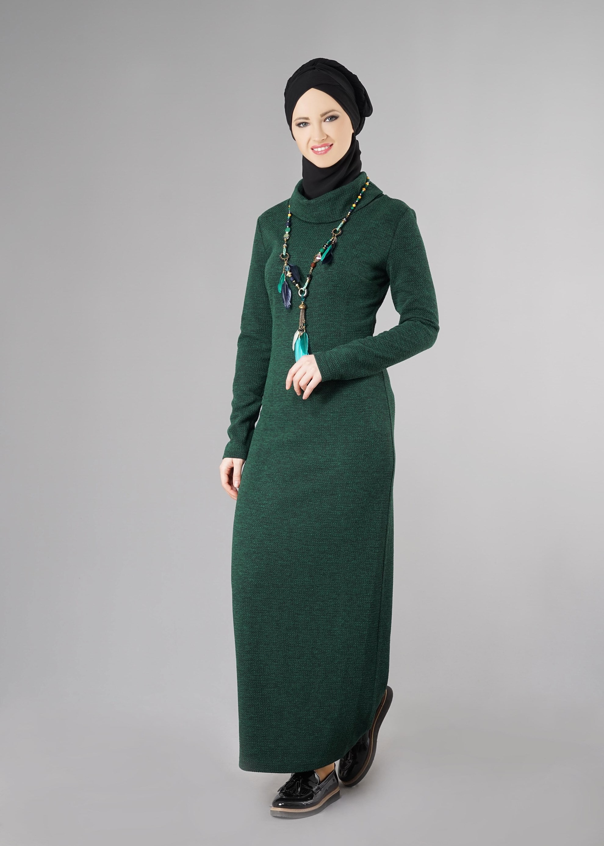 Tesettür giyim YEŞİL BALIKÇI YAKA YÜNLÜ ELBİSE 4881 
