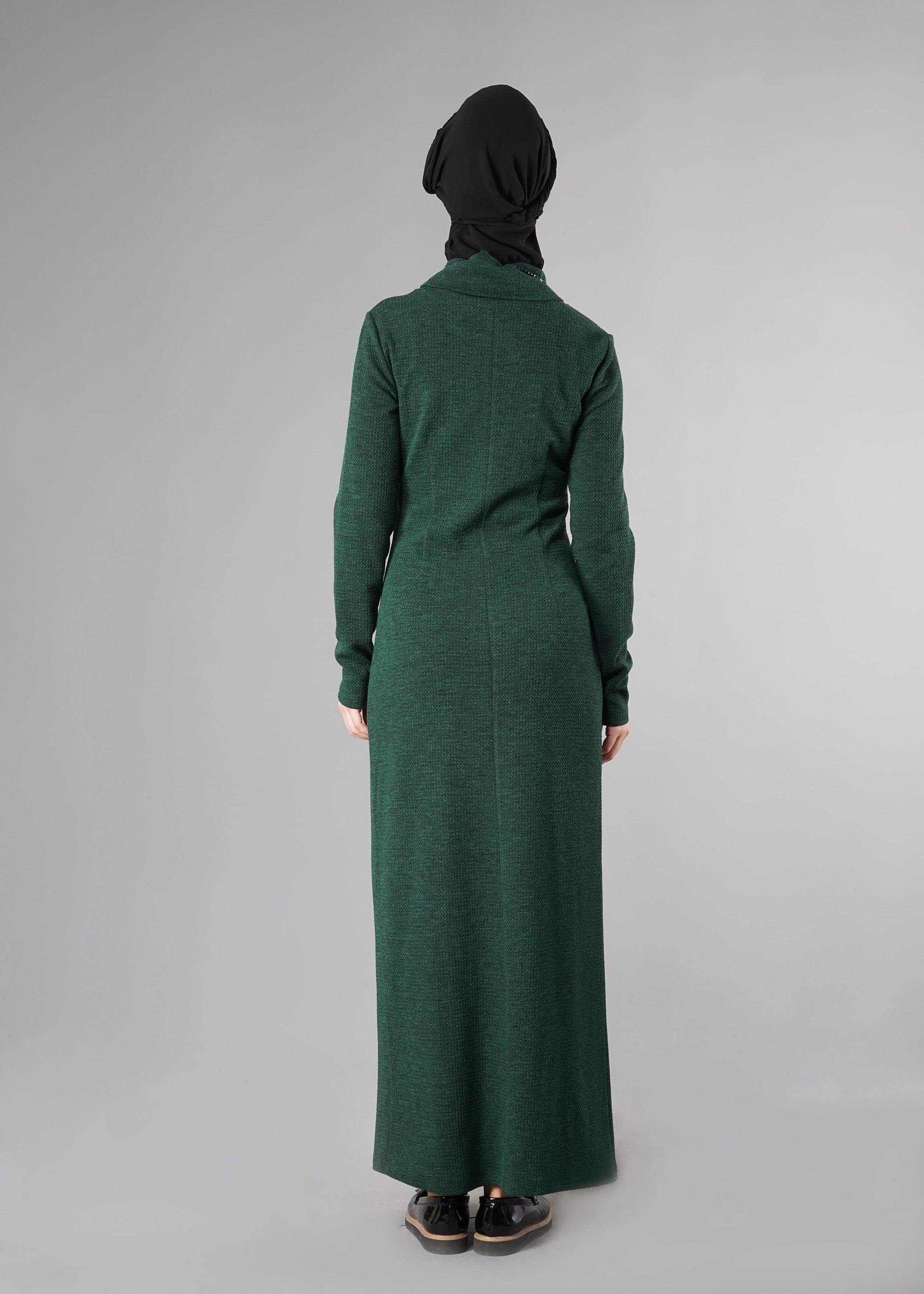 Tesettür giyim YEŞİL BALIKÇI YAKA YÜNLÜ ELBİSE 4881 