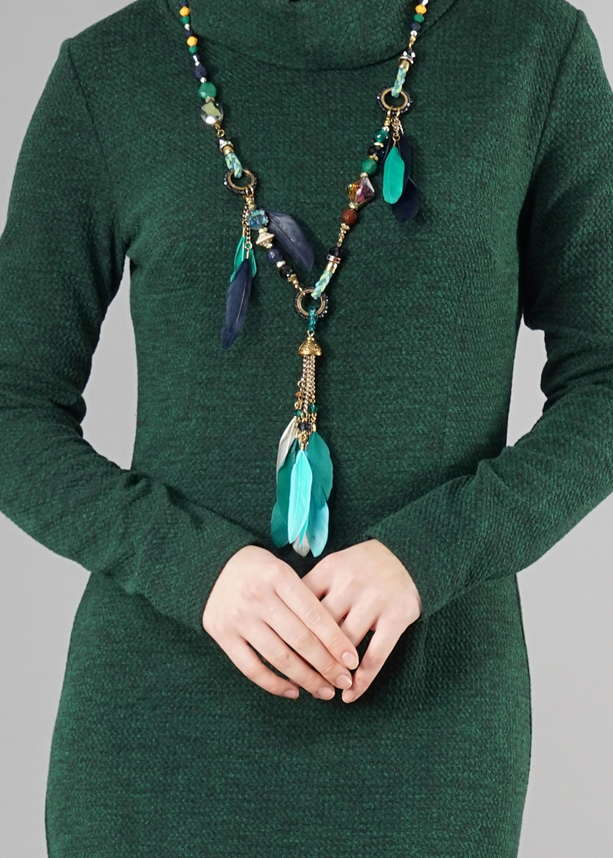 Tesettür giyim YEŞİL BALIKÇI YAKA YÜNLÜ ELBİSE 4881 