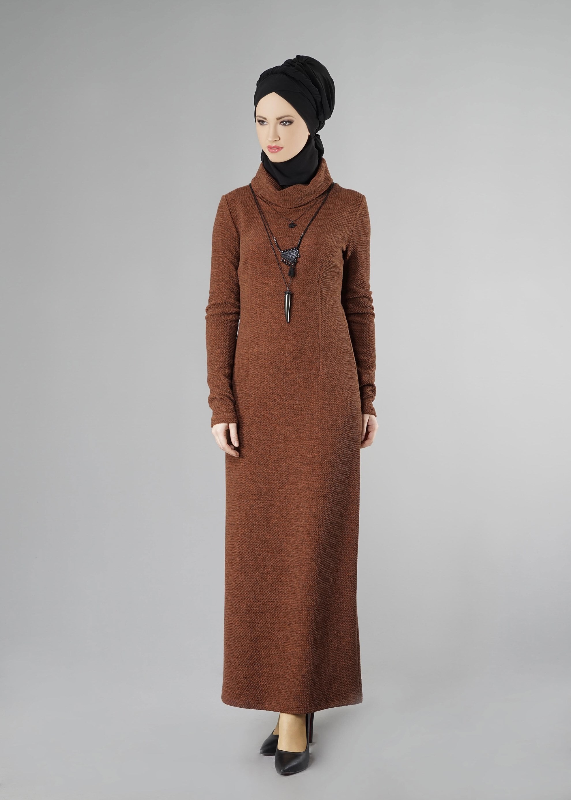 Tesettür giyim BAKIR / BRONZ BALIKÇI YAKA YÜNLÜ ELBİSE 4881 