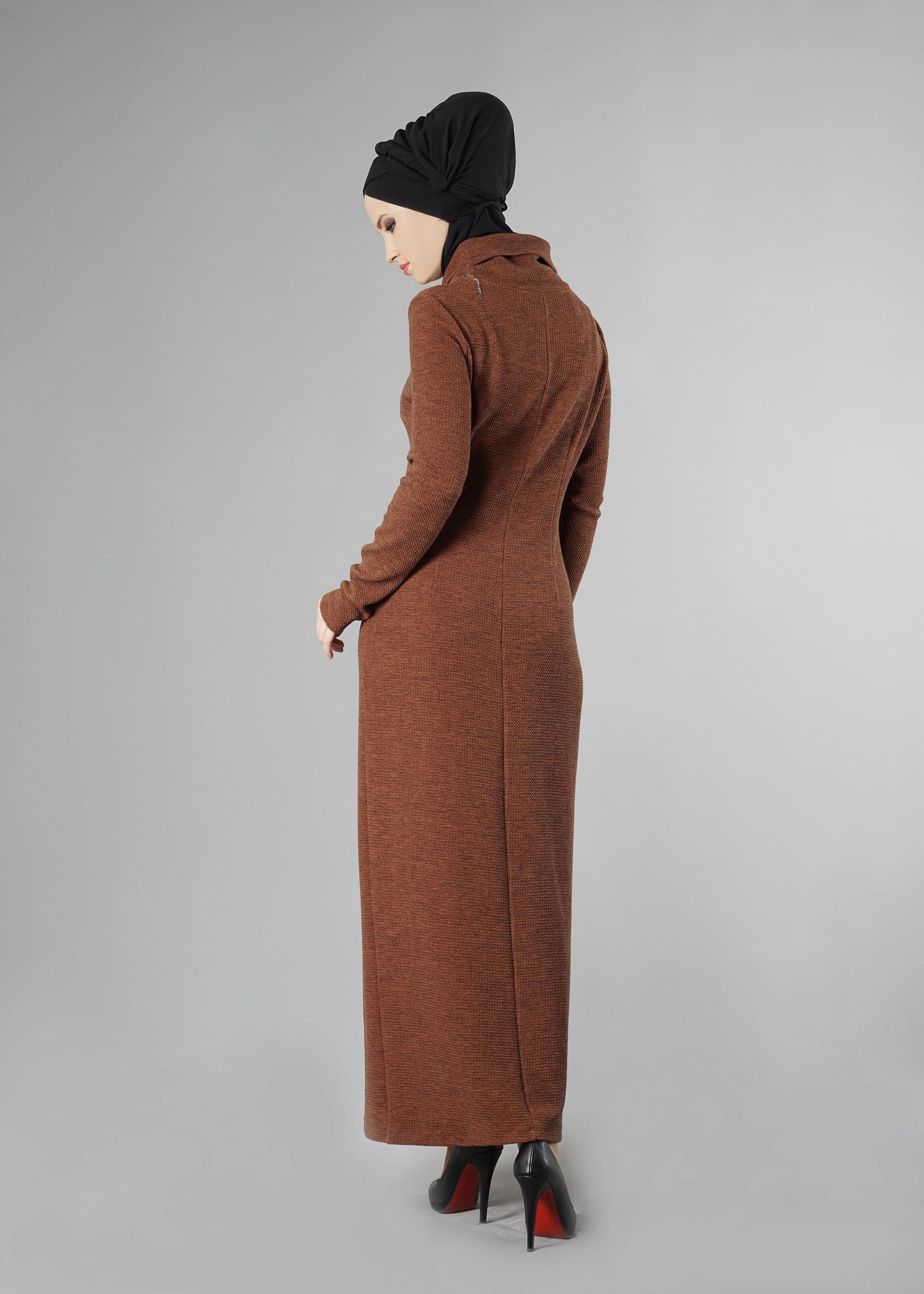 Tesettür giyim BAKIR / BRONZ BALIKÇI YAKA YÜNLÜ ELBİSE 4881 