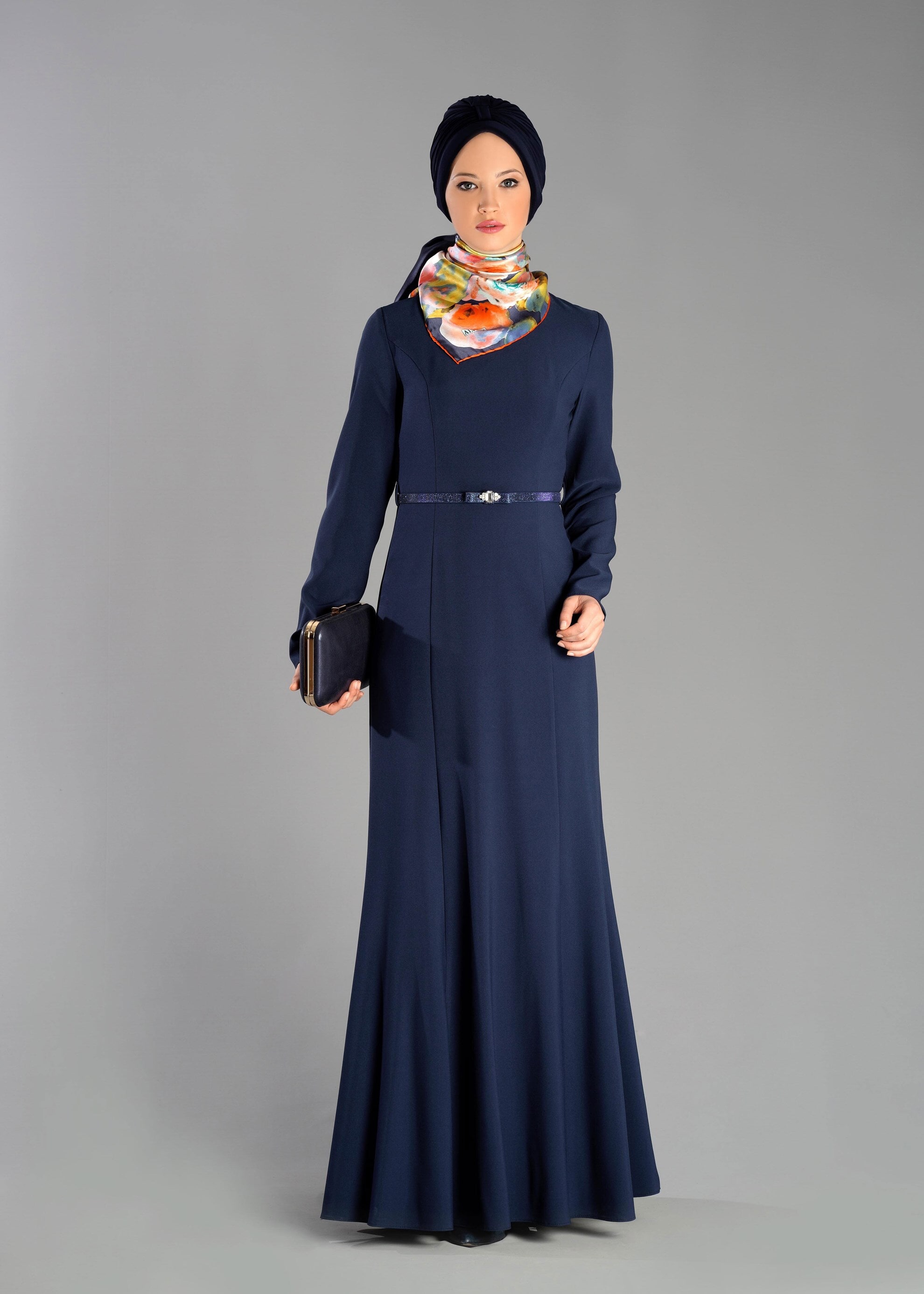 Tesettür giyim LACİVERT PARÇALI BALIK ELBİSE 4882 