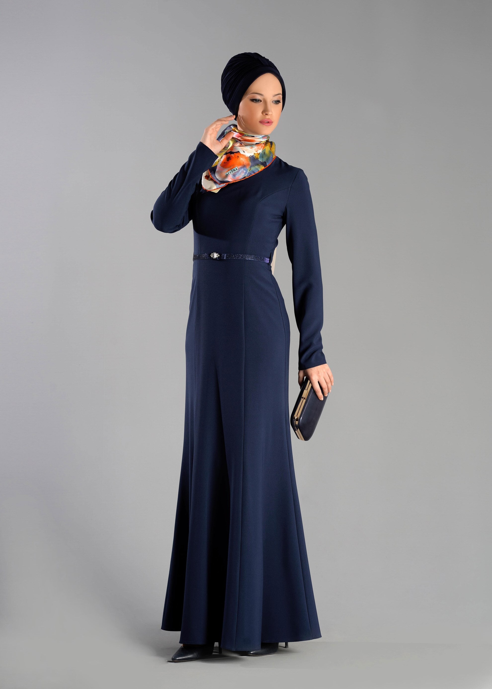 Tesettür giyim LACİVERT PARÇALI BALIK ELBİSE 4882 