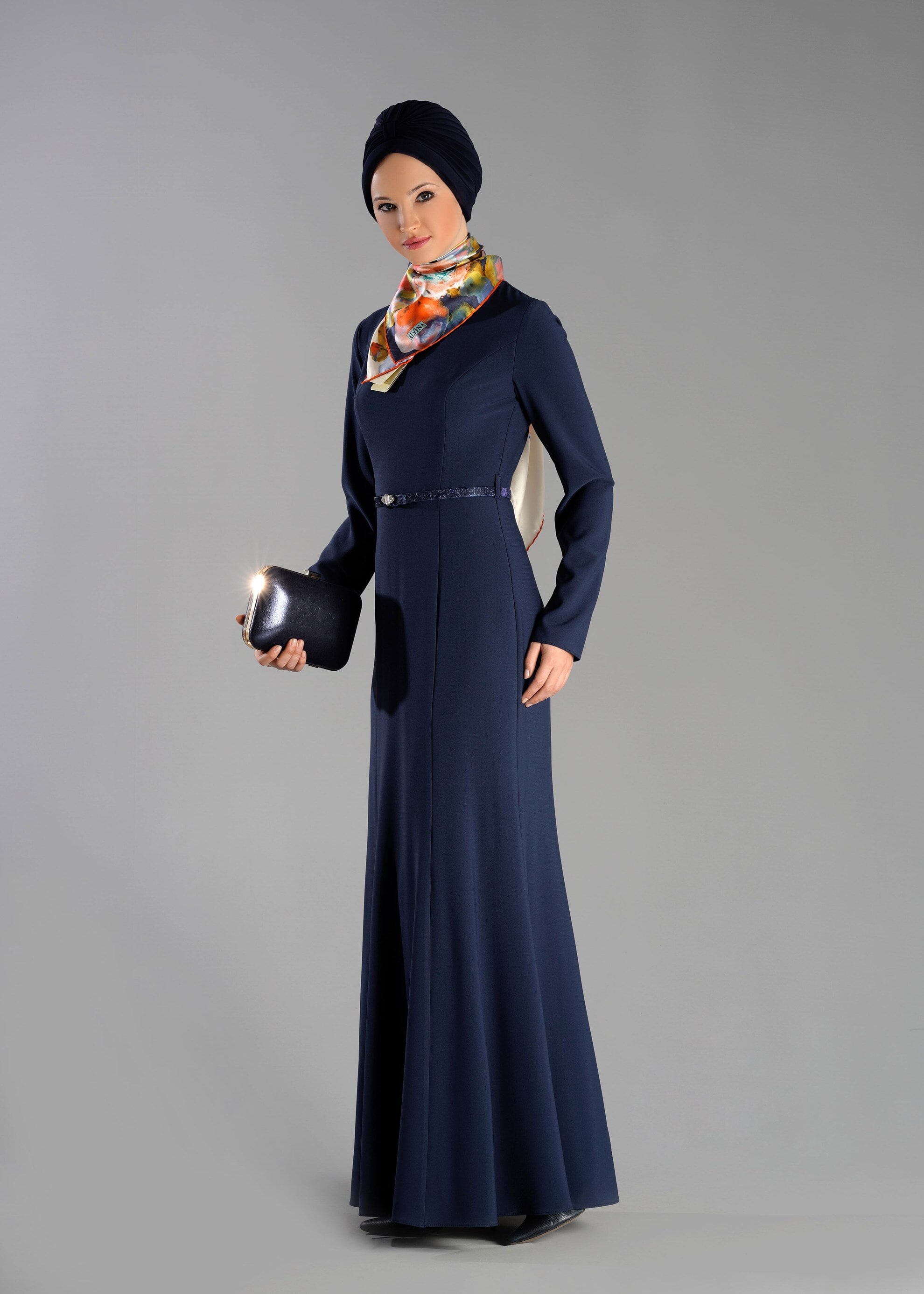 Tesettür giyim LACİVERT PARÇALI BALIK ELBİSE 4882 