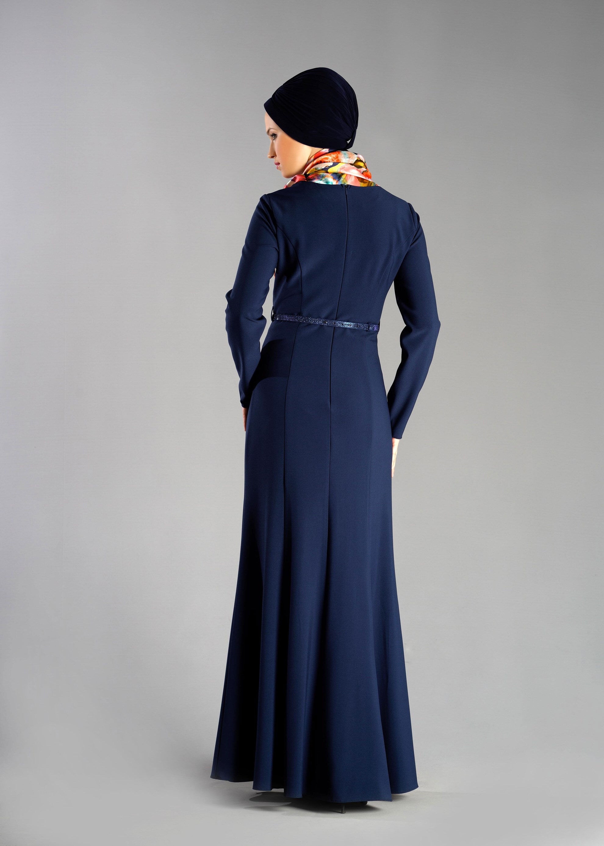 Tesettür giyim LACİVERT PARÇALI BALIK ELBİSE 4882 