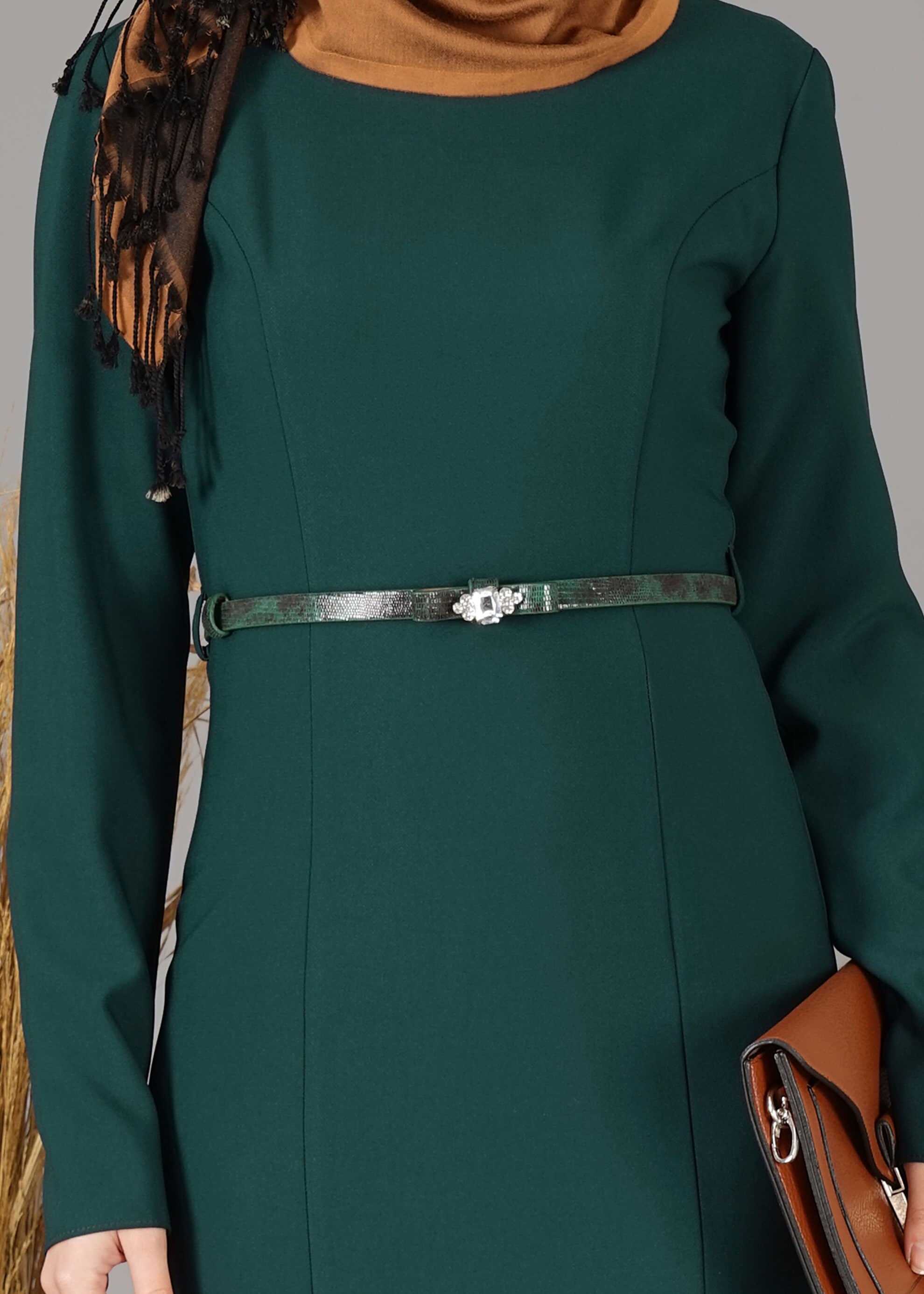 Tesettür giyim YEŞİL PARÇALI BALIK ELBİSE 4882 