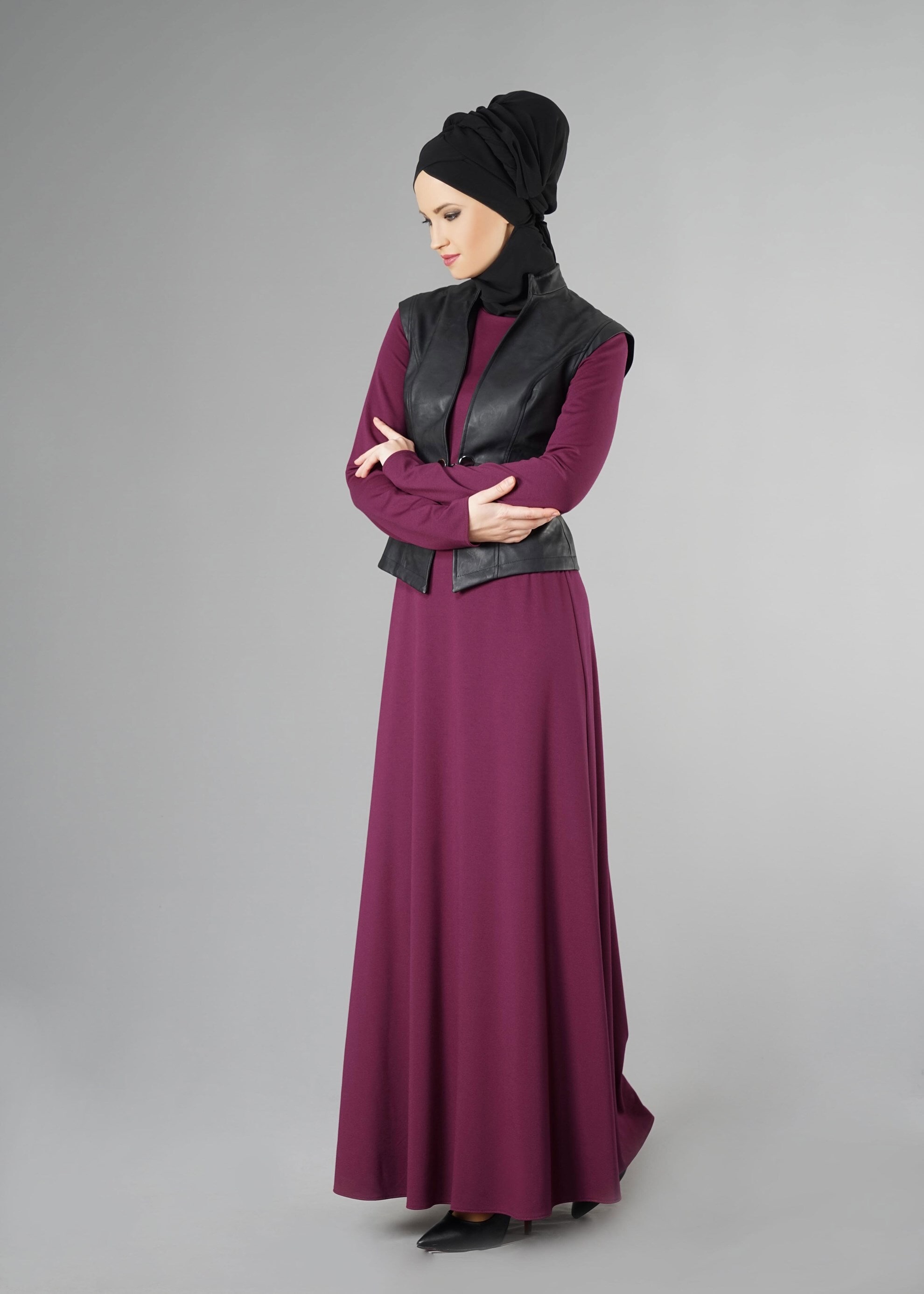 Tesettür giyim MOR DERİ YELEKLİ ELBİSE 4895 