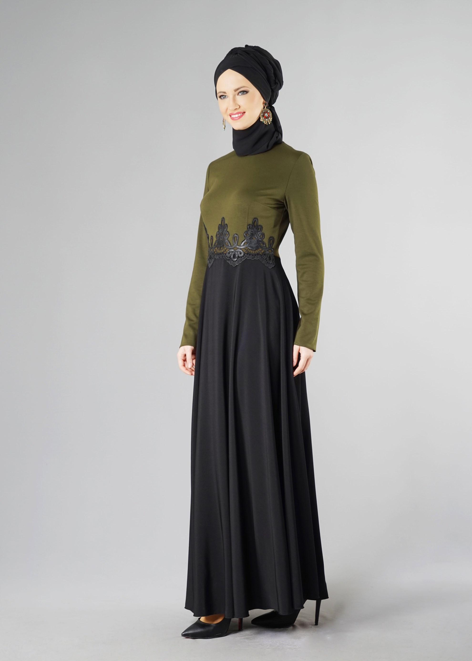 Tesettür giyim HAKİ DERİ DESEN DETAYLI ELBİSE 4902 