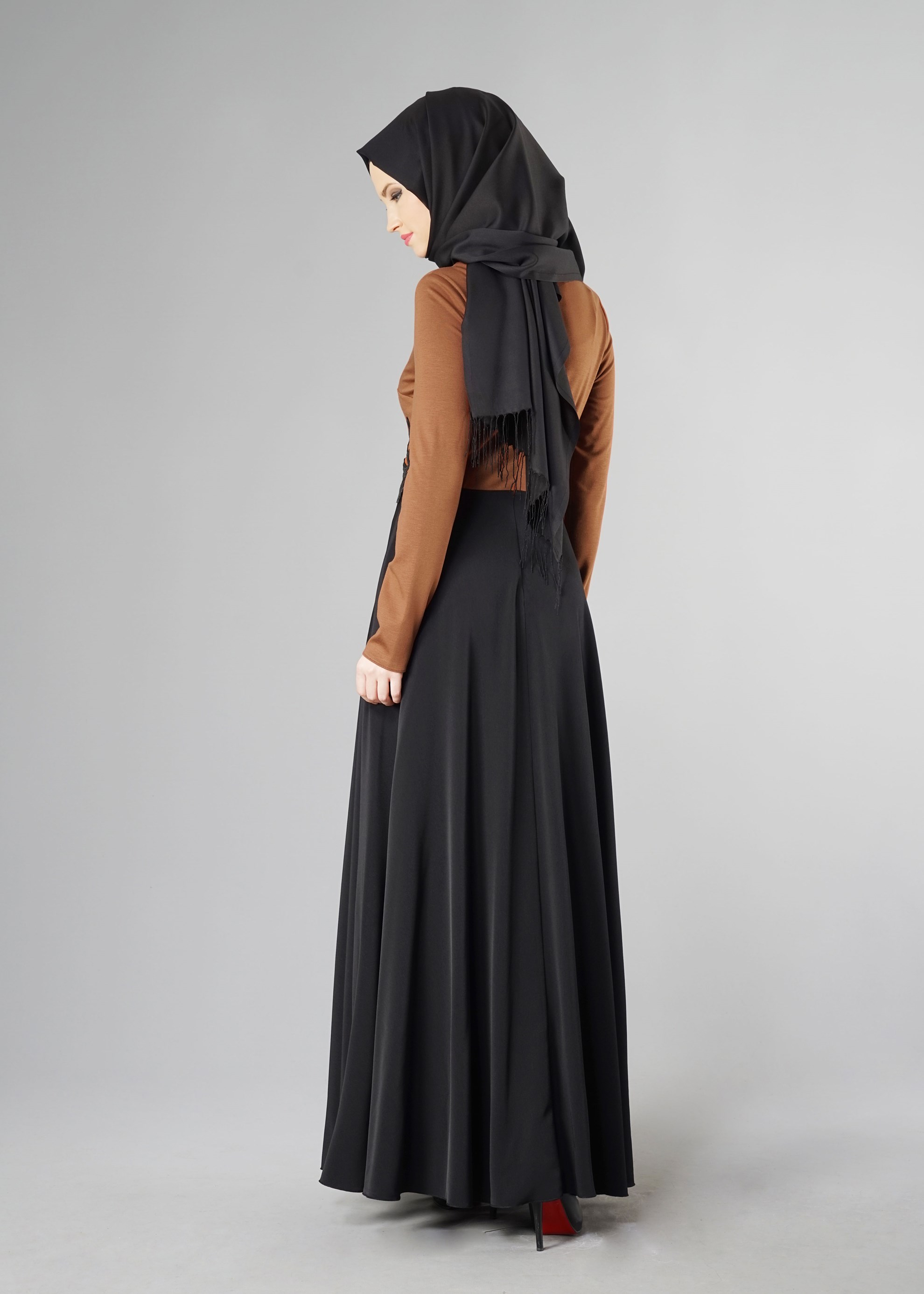 Tesettür giyim TURUNCU DERİ DESEN DETAYLI ELBİSE 4902 