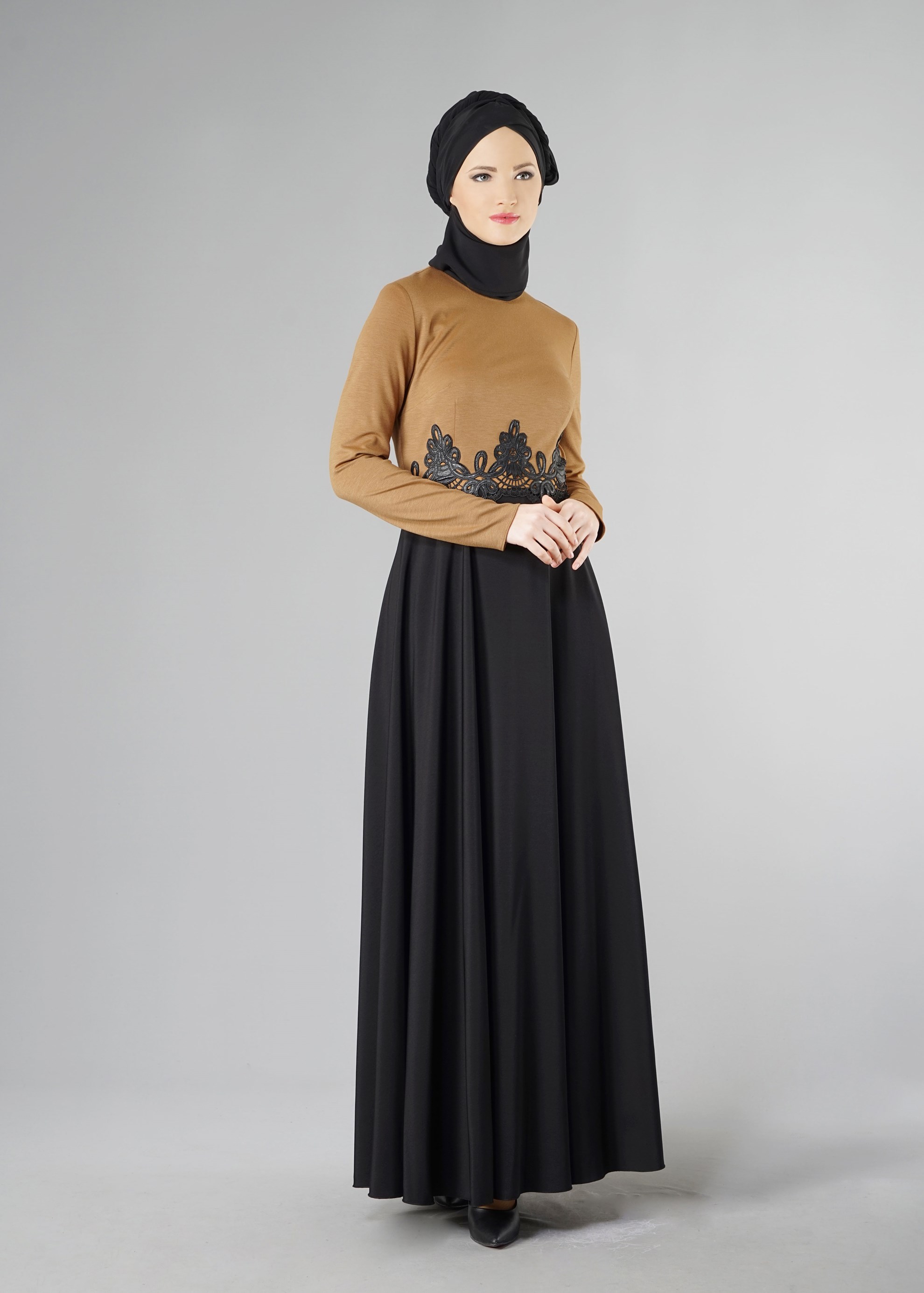 Tesettür giyim KAHVE DERİ DESEN DETAYLI ELBİSE 4902 