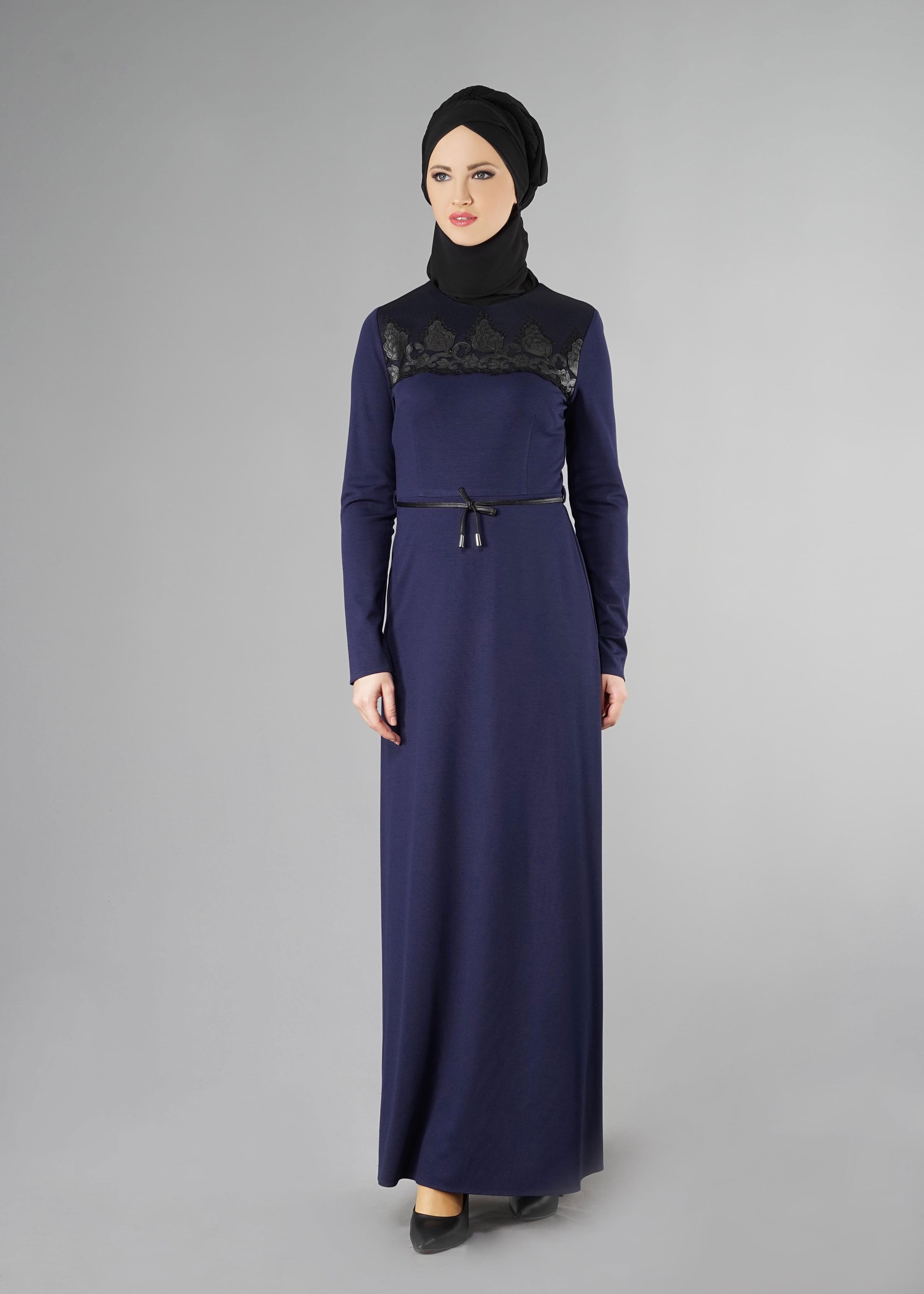 Tesettür giyim LACİVERT GÜPÜR DETAYLI ELBİSE 4904 