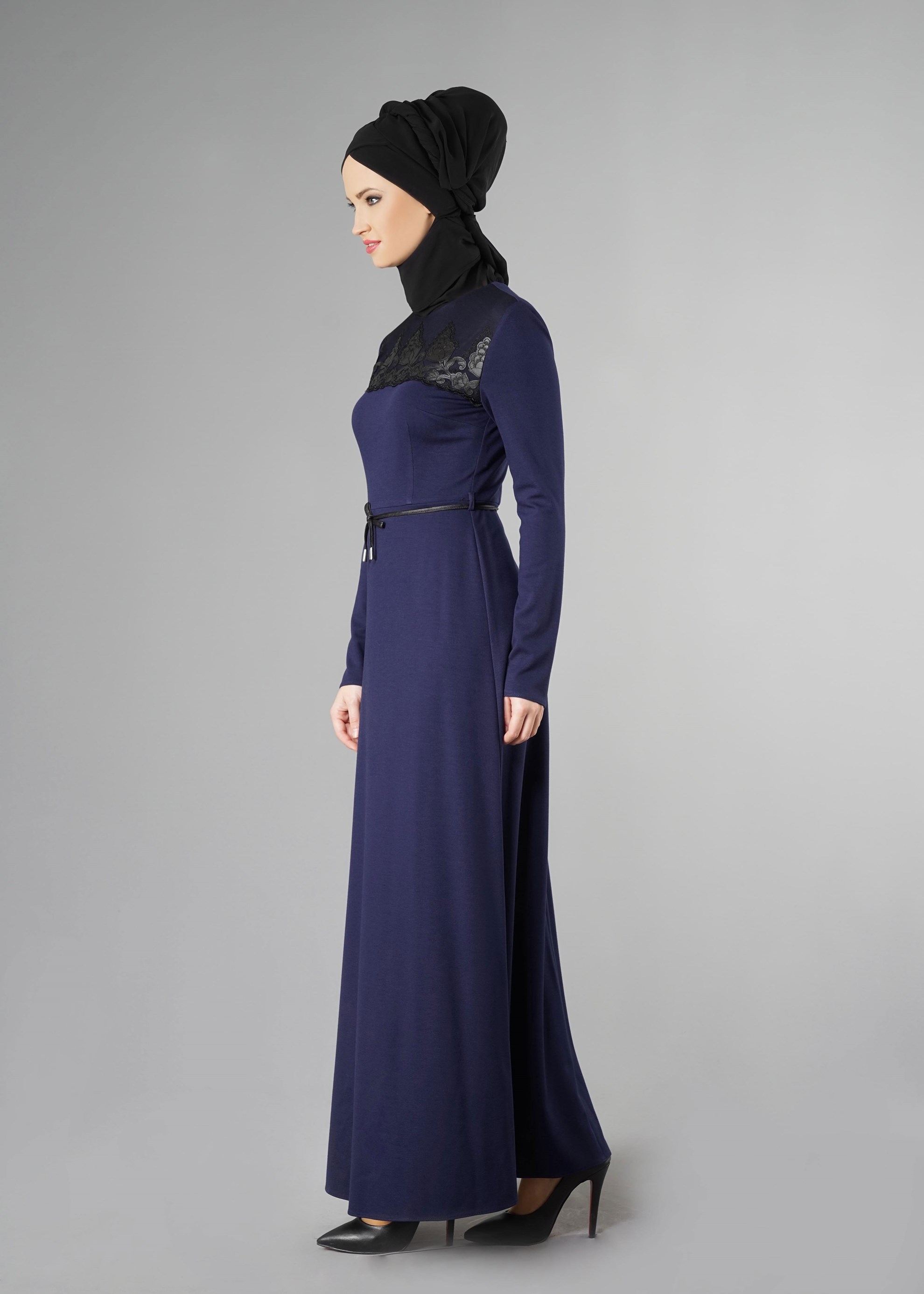 Tesettür giyim LACİVERT GÜPÜR DETAYLI ELBİSE 4904 