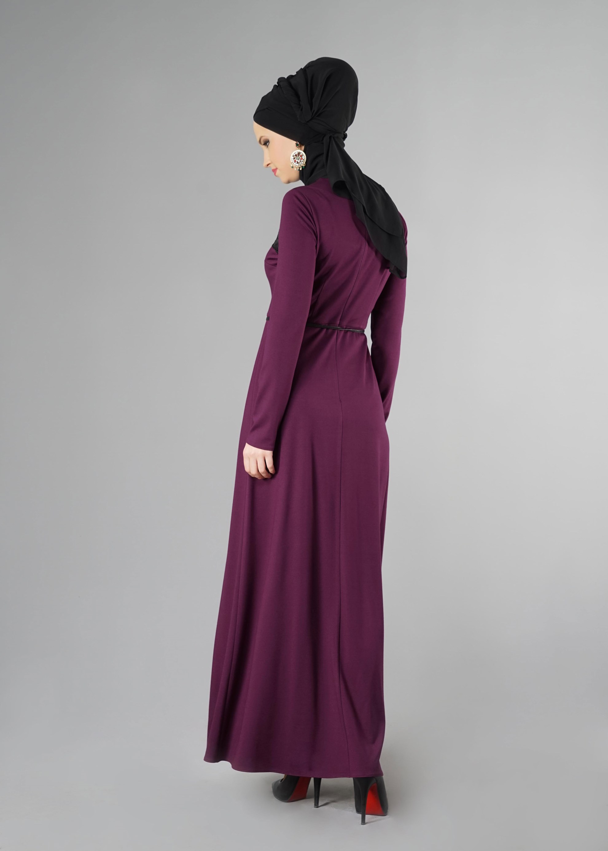 Tesettür giyim MOR GÜPÜR DETAYLI ELBİSE 4904 