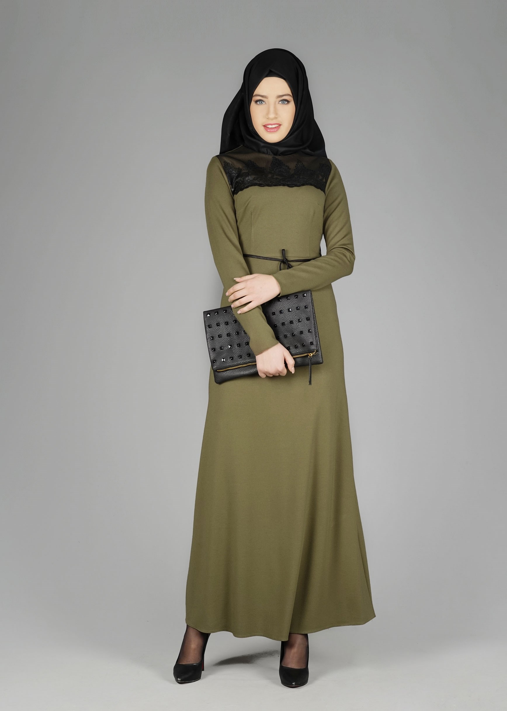 Tesettür giyim HAKİ GÜPÜR DETAYLI ELBİSE 4904 