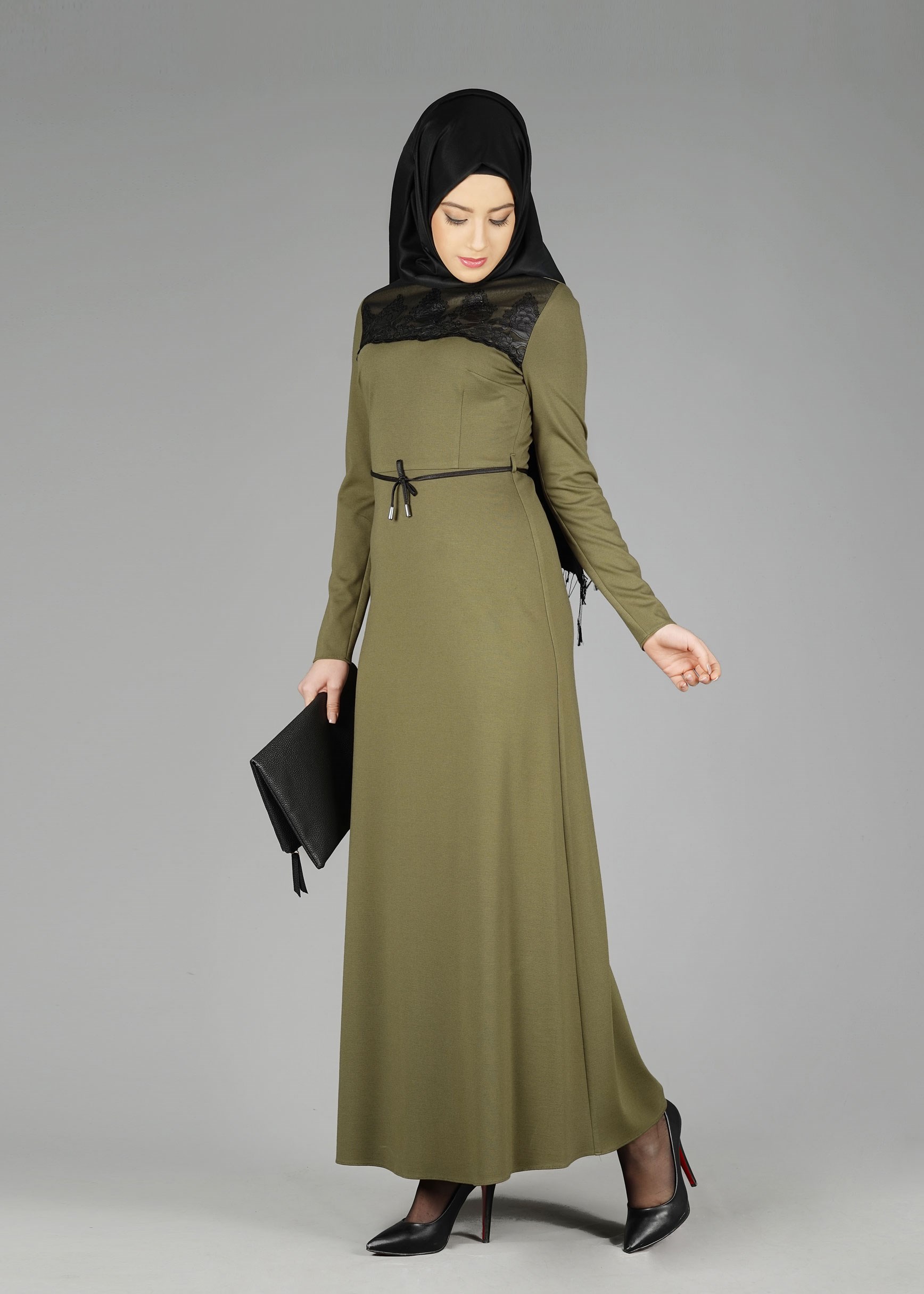 Tesettür giyim HAKİ GÜPÜR DETAYLI ELBİSE 4904 