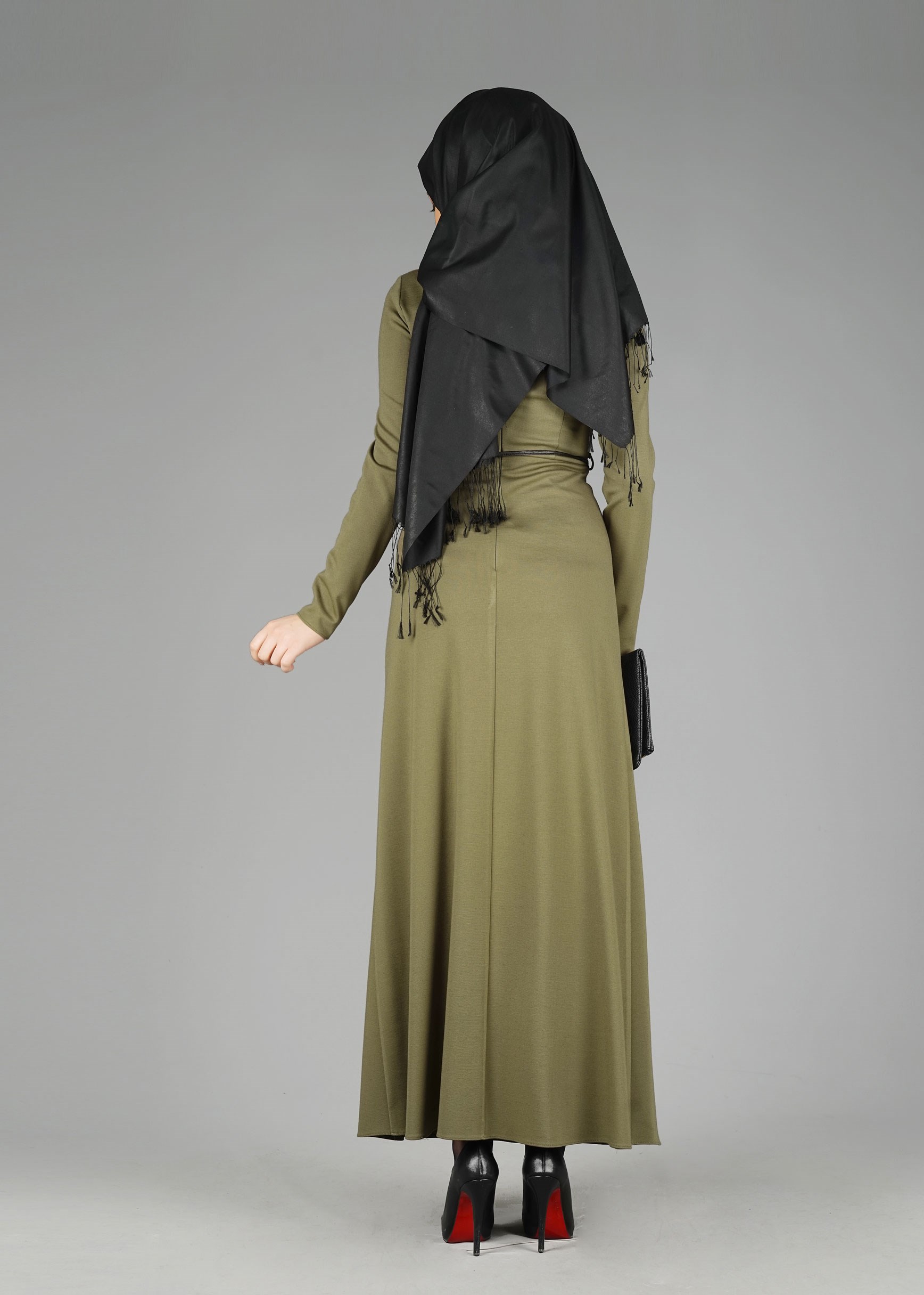 Tesettür giyim HAKİ GÜPÜR DETAYLI ELBİSE 4904 