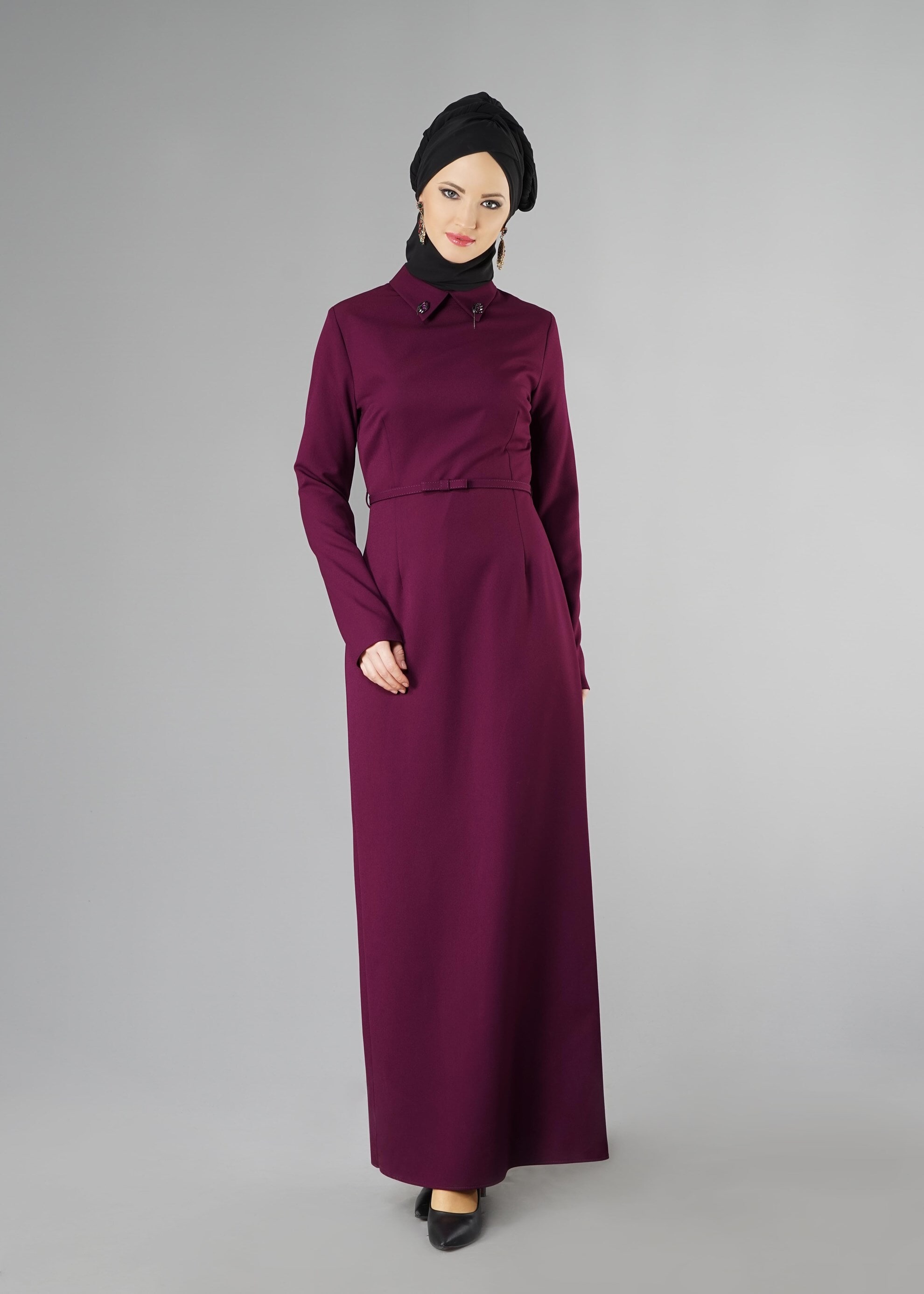 Tesettür giyim MOR KEMERLİ ELBİSE 4905 