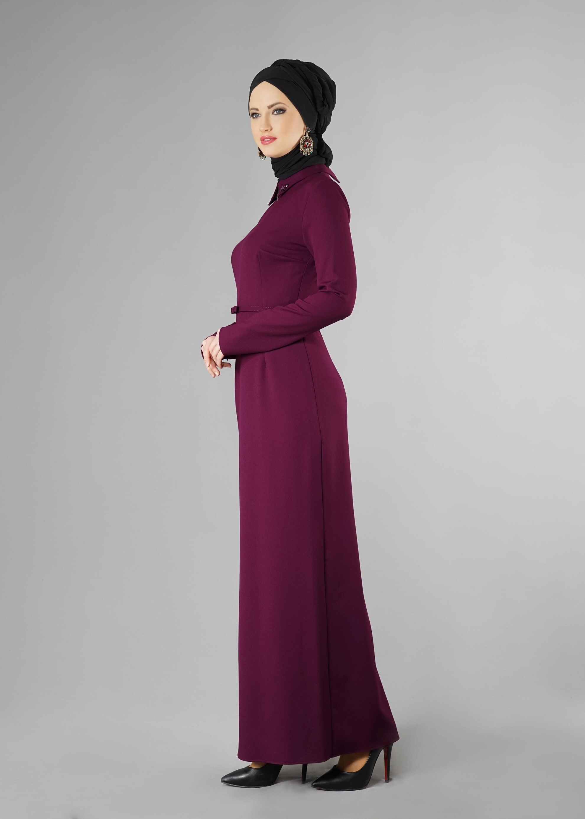 Tesettür giyim MOR KEMERLİ ELBİSE 4905 