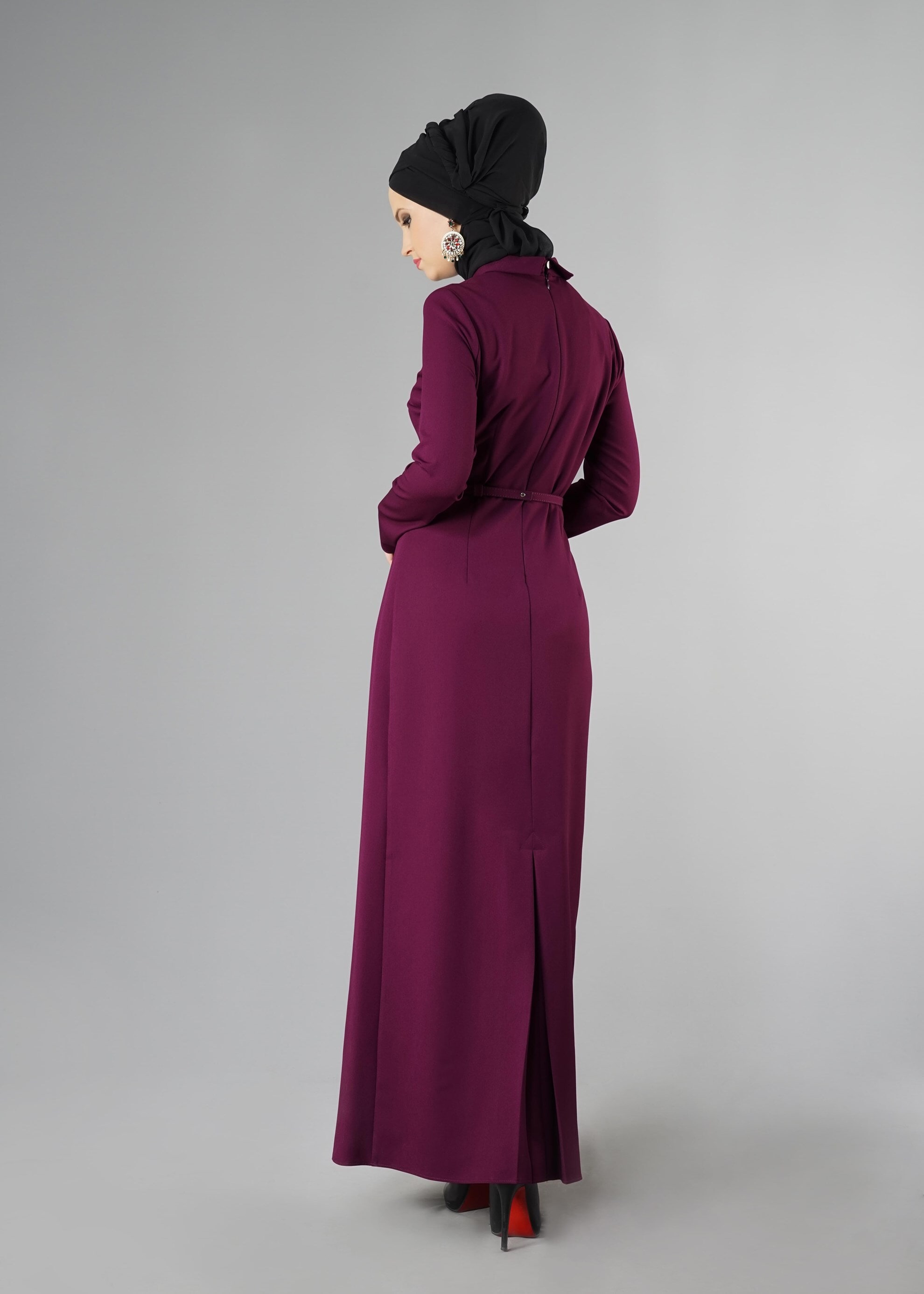 Tesettür giyim MOR KEMERLİ ELBİSE 4905 