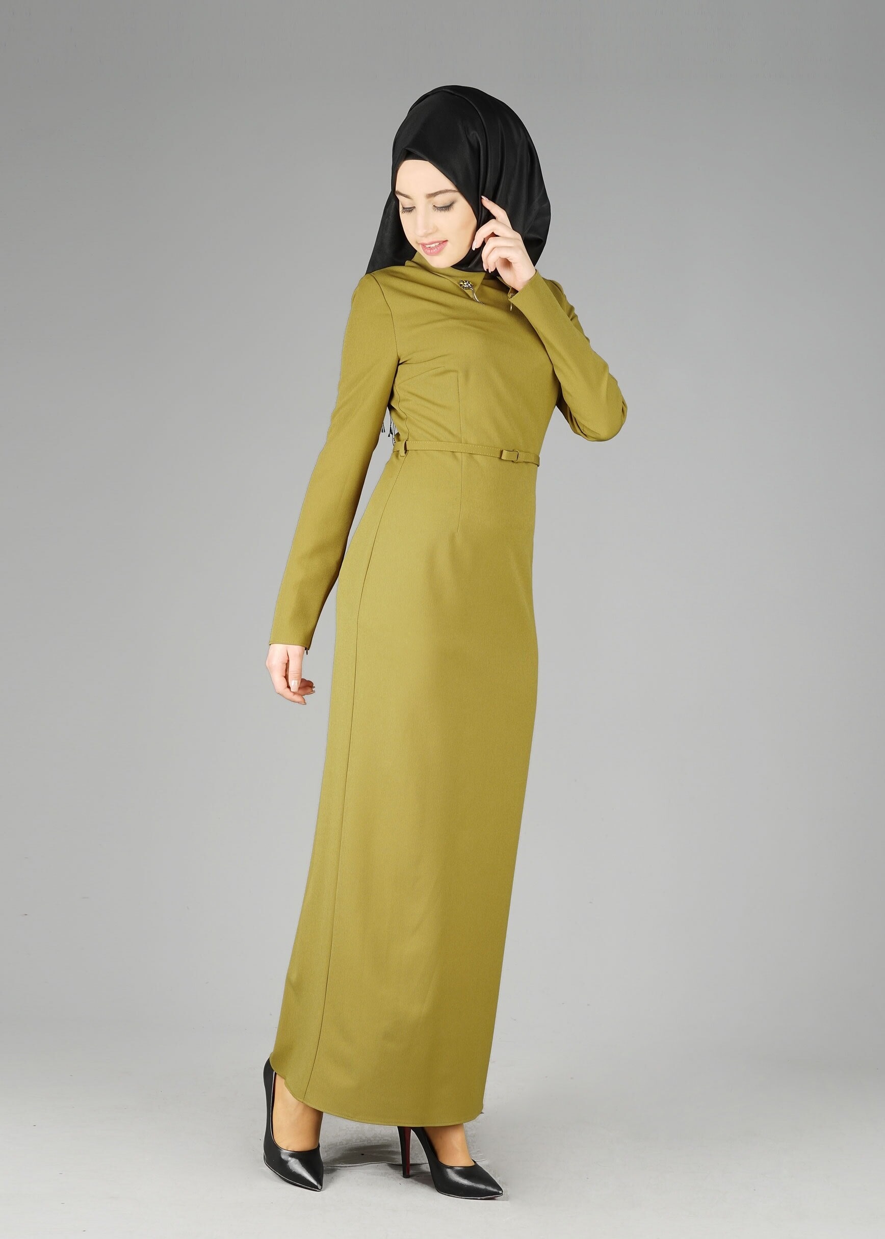 Tesettür giyim YEŞİL KEMERLİ ELBİSE 4905 