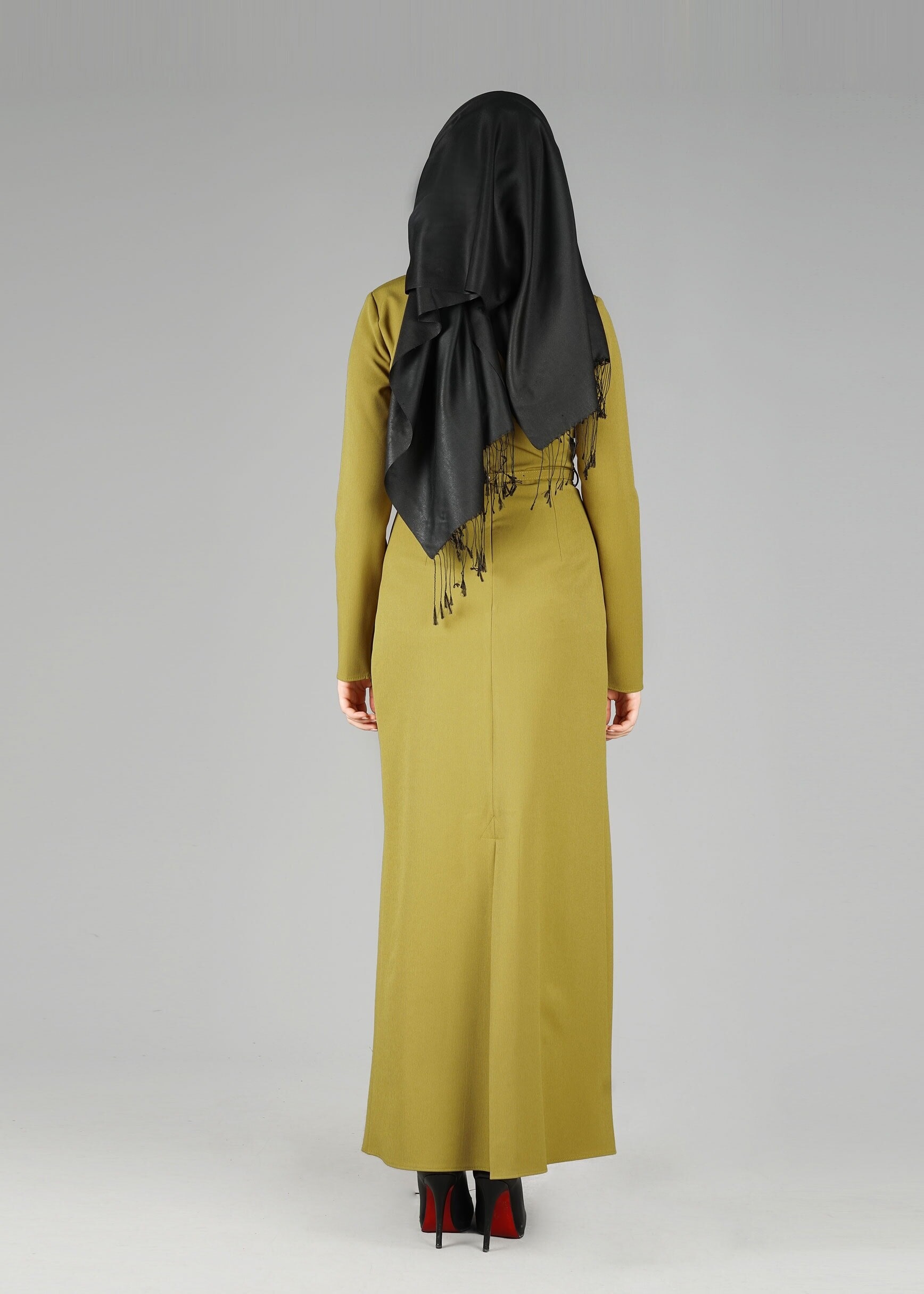 Tesettür giyim YEŞİL KEMERLİ ELBİSE 4905 